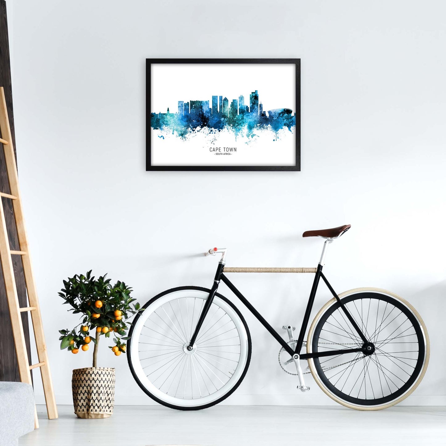 Cape Town South Africa Skyline Blue City Name by Michael Tompsett A2 White Frame