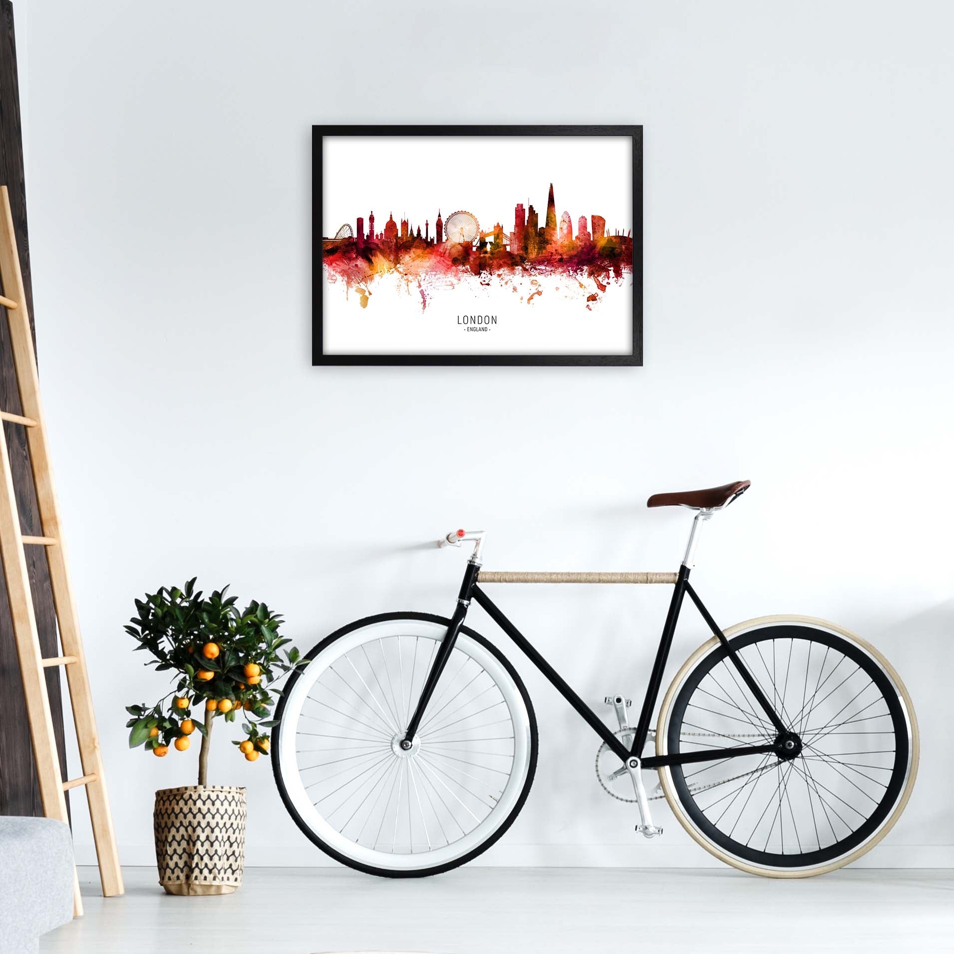 London England Skyline Red City Name  by Michael Tompsett A2 White Frame