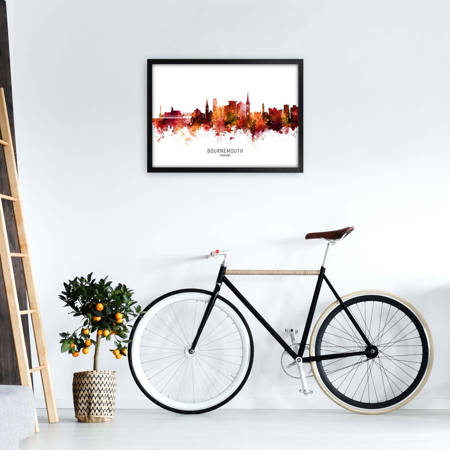 Bournemouth England Skyline Red City Name by Michael Tompsett A2 White Frame