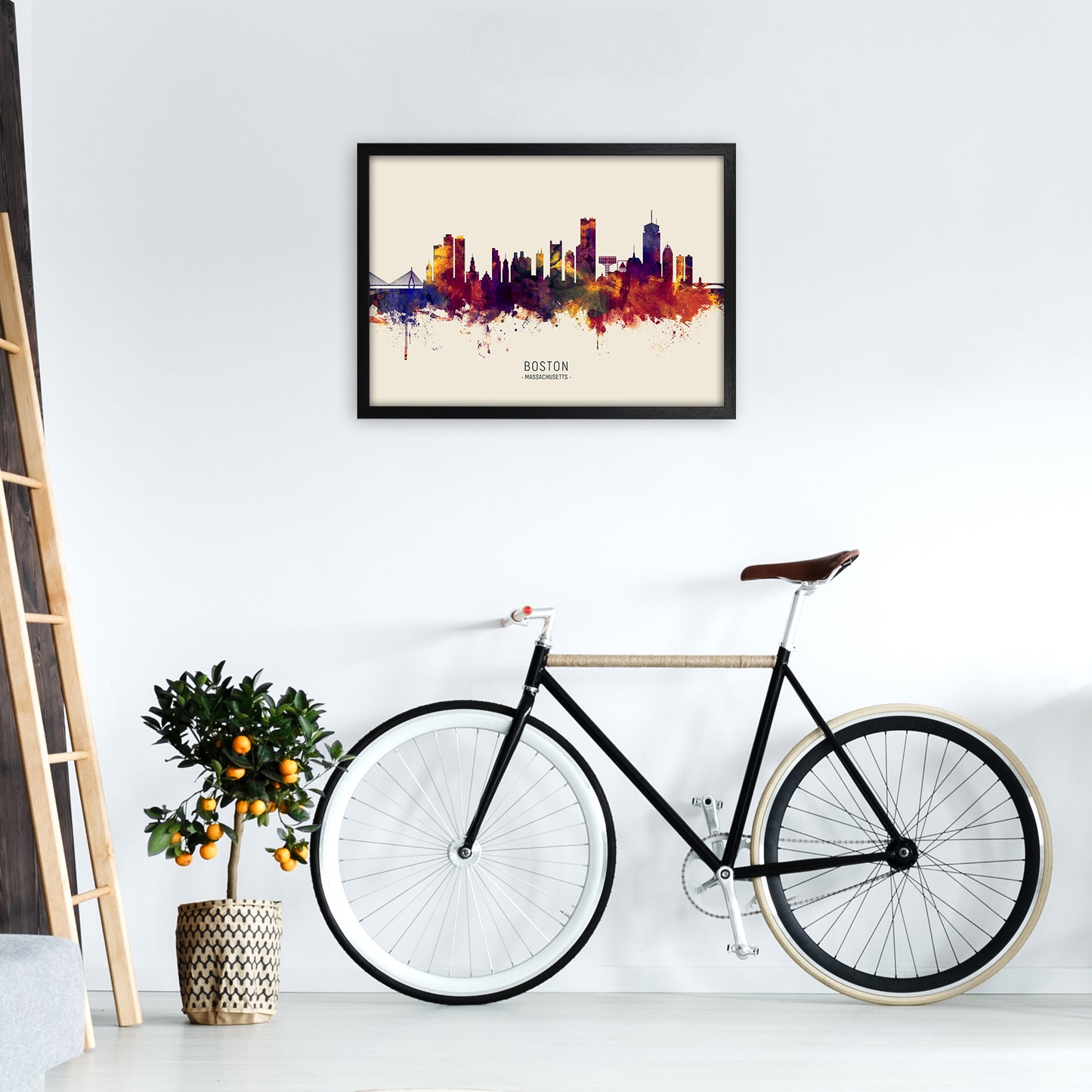 Boston Massachusetts Skyline Autumn City Name Art Print by Michael Tompsett A2 White Frame