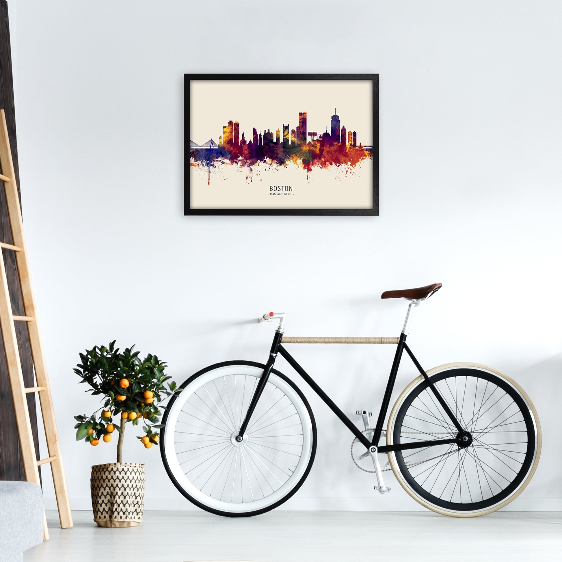 Boston Massachusetts Skyline Autumn City Name Art Print by Michael Tompsett A2 White Frame