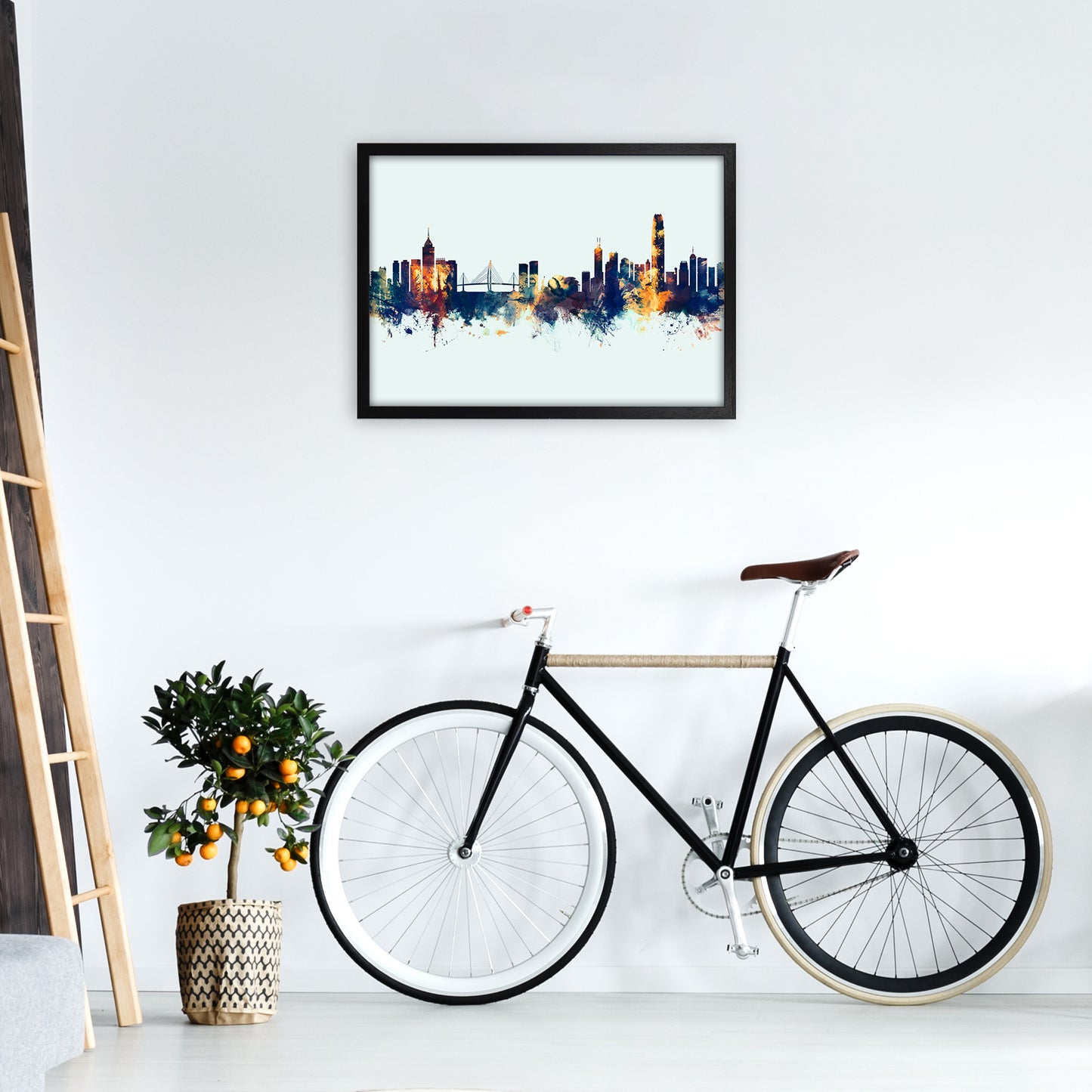 Hong Kong China Skyline Blue Orange Art Print by Michael Tompsett A2 White Frame