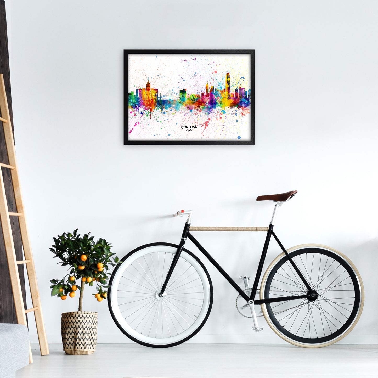 Hong Kong China Skyline Splash Art Print by Michael Tompsett A2 White Frame