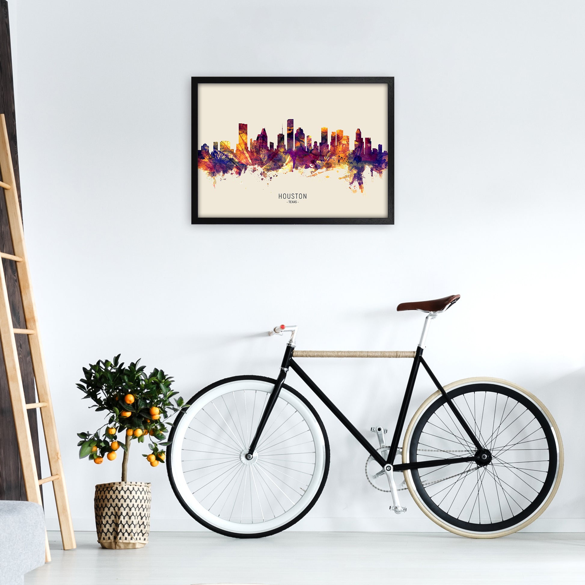 Houston Texas Skyline Autumn City Name Art Print by Michael Tompsett A2 White Frame