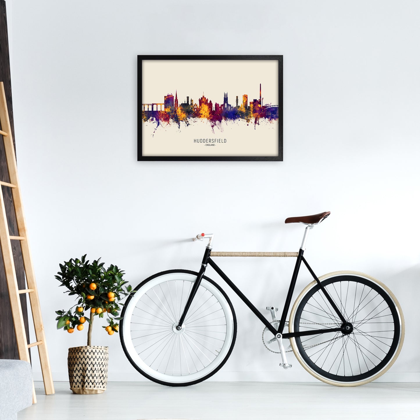 Huddersfield England Skyline Autumn City Name Art Print by Michael Tompsett A2 White Frame