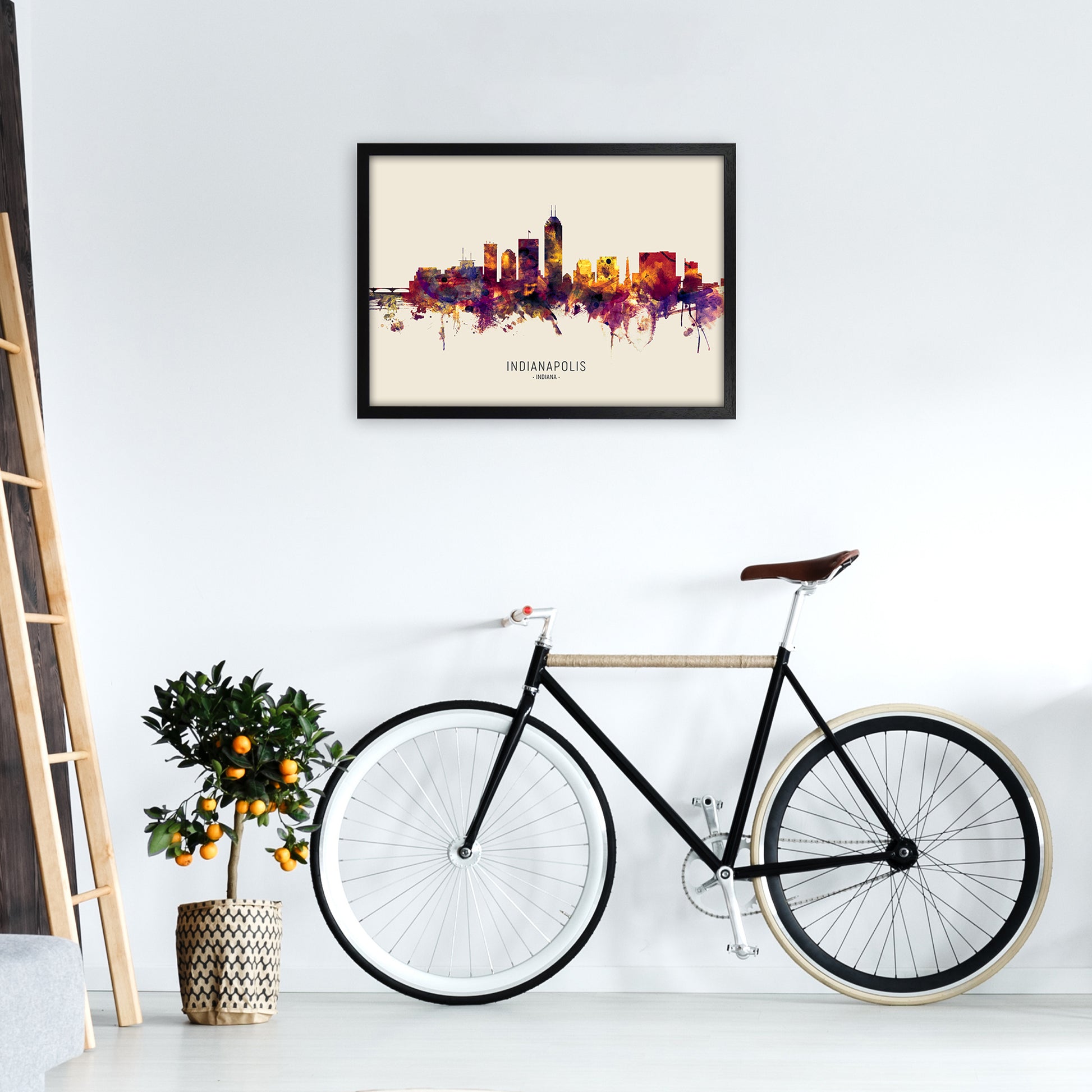 Indianapolis Indiana Skyline Autumn City Name Art Print by Michael Tompsett A2 White Frame