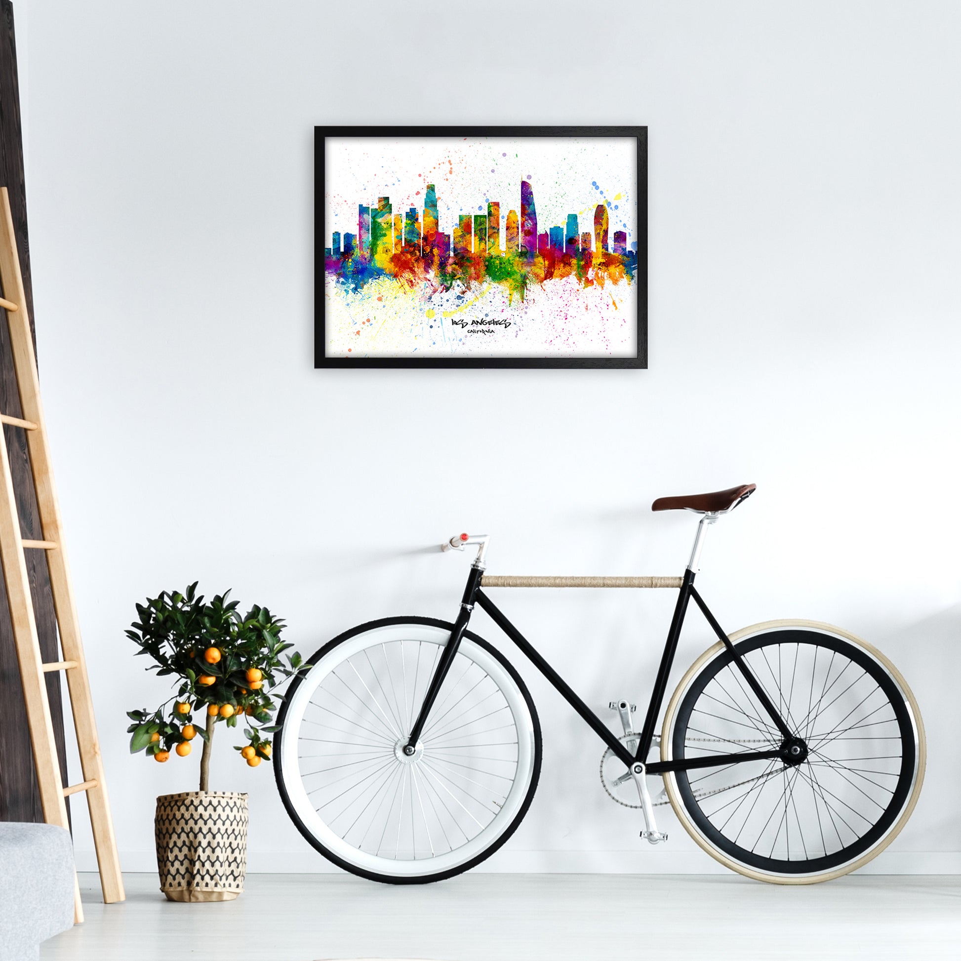 Los Angeles California Skyline Splash Art Print by Michael Tompsett A2 White Frame