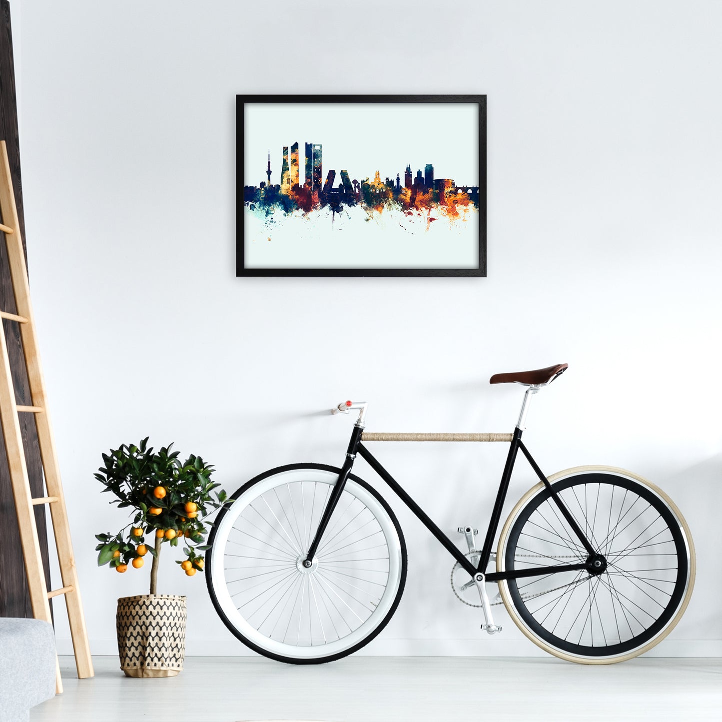 Madrid Spain Skyline Blue Orange Art Print by Michael Tompsett A2 White Frame