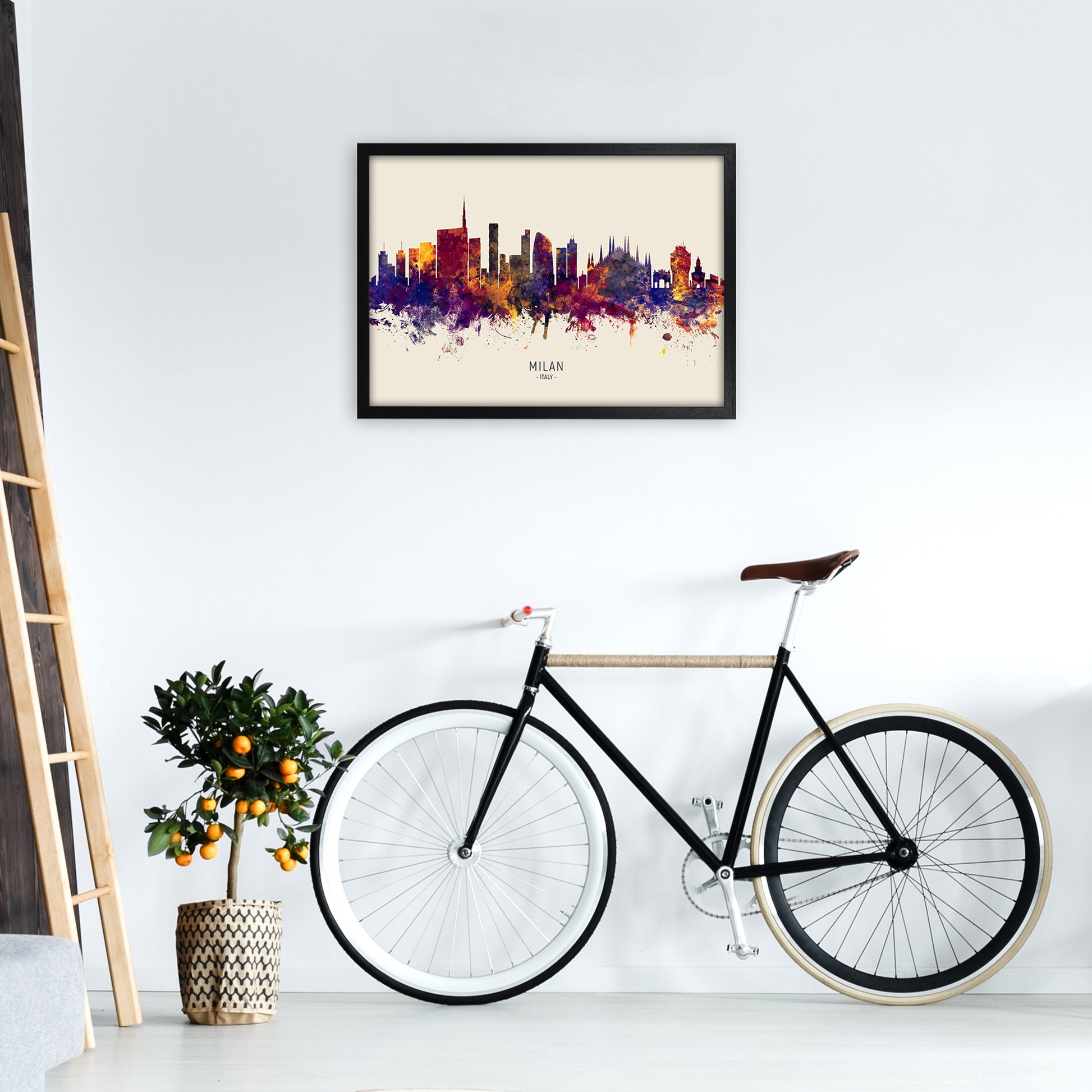 Milan Italy Skyline Autumn City Name Art Print by Michael Tompsett A2 White Frame