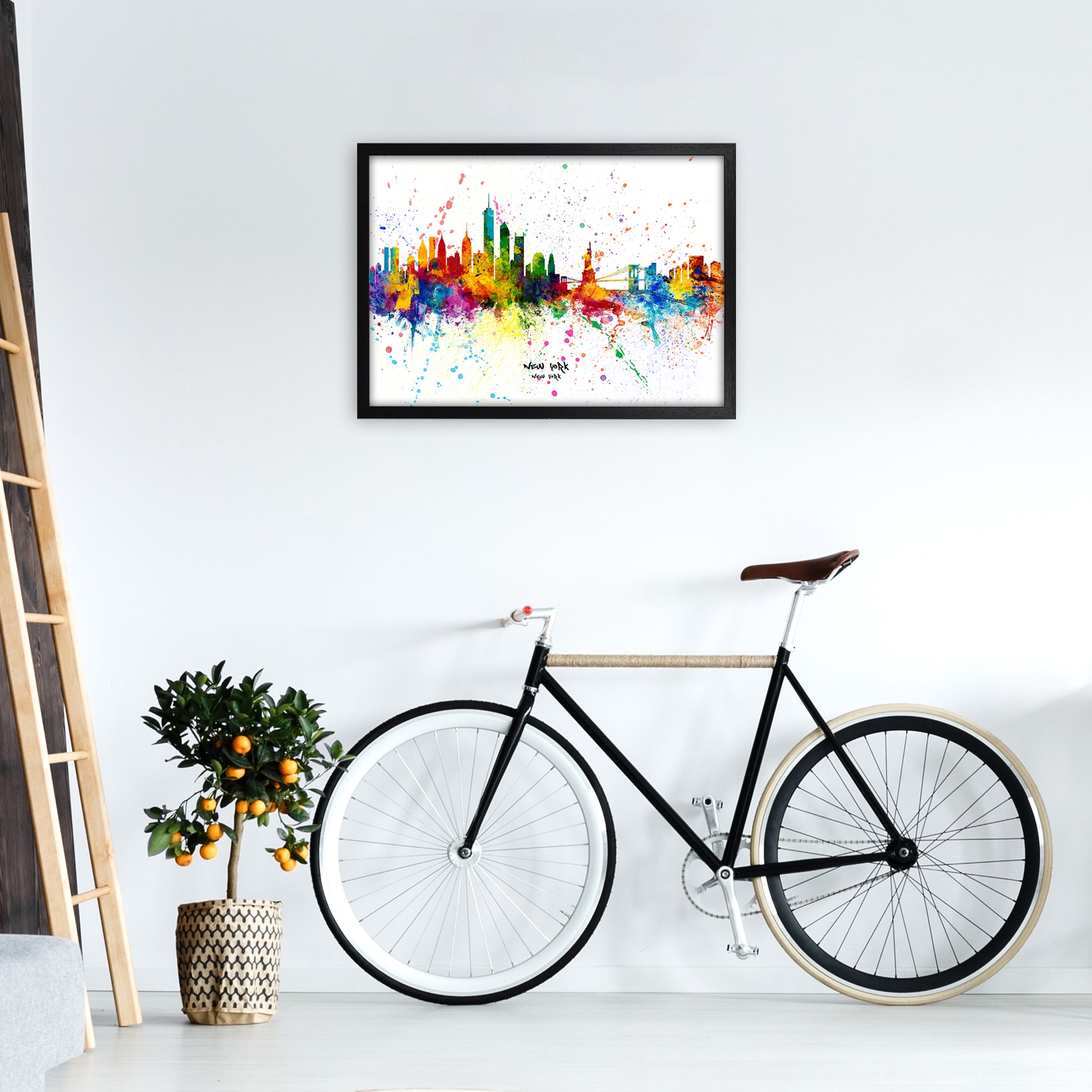 New York New York Skyline Splash Art Print by Michael Tompsett A2 White Frame