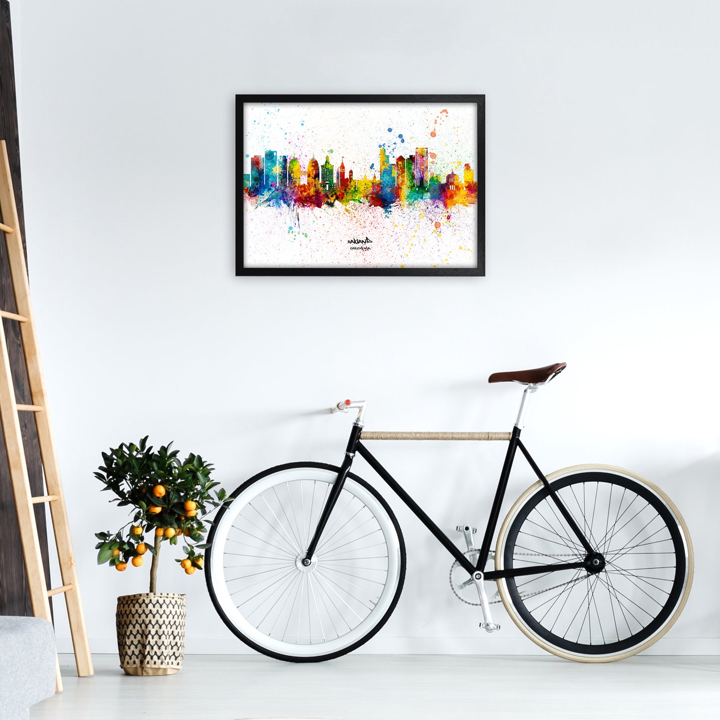 Oakland California Skyline Splash Art Print by Michael Tompsett A2 White Frame