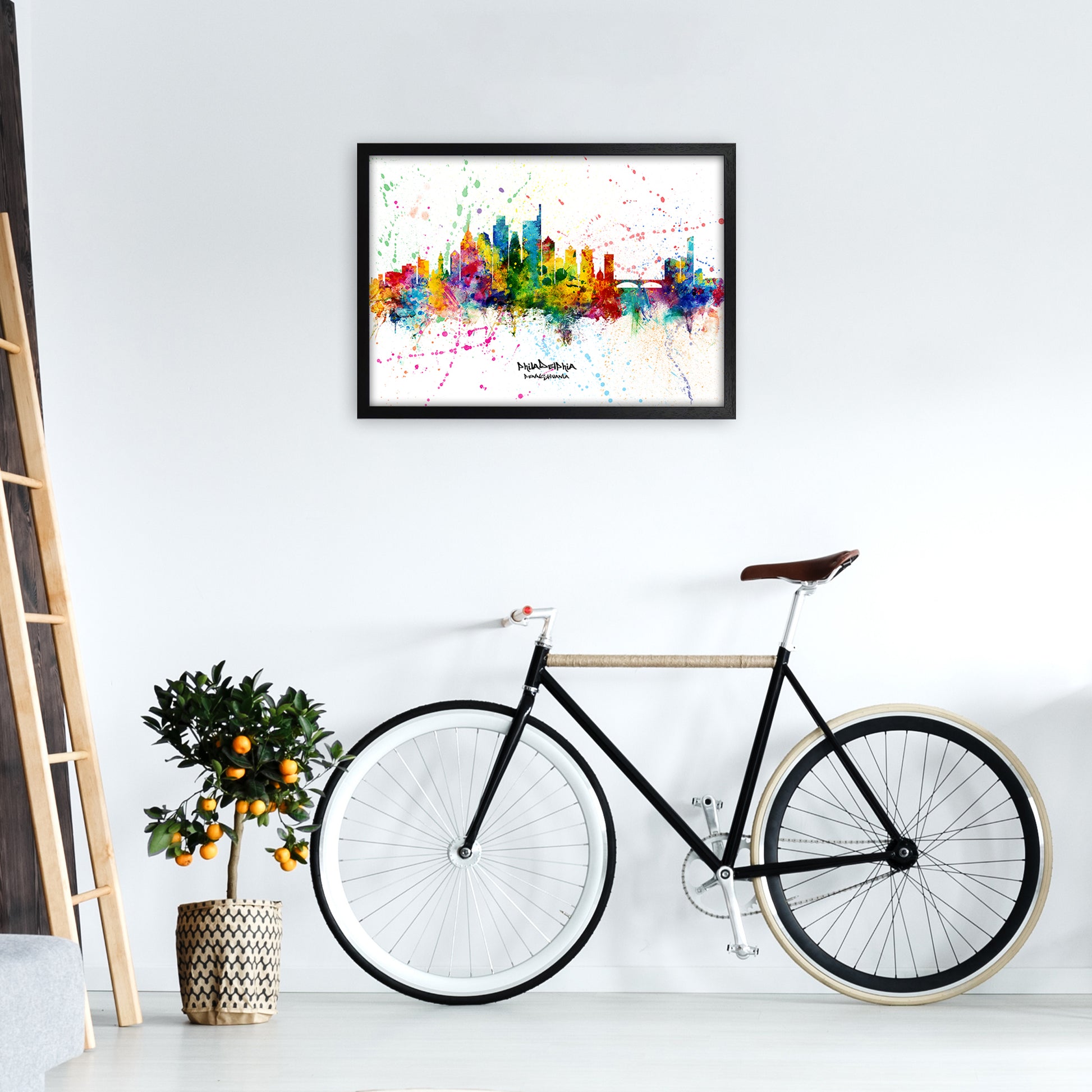 Philadelphia Pennsylvania Skyline Splash Art Print by Michael Tompsett A2 White Frame