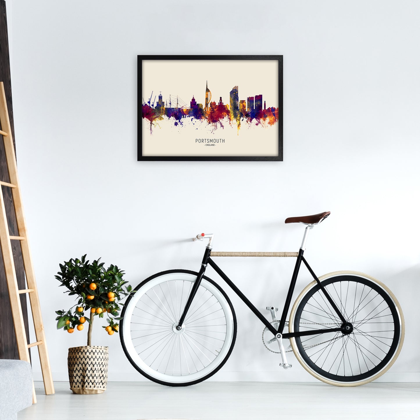 Portsmouth England Skyline Autumn City Name Art Print by Michael Tompsett A2 White Frame
