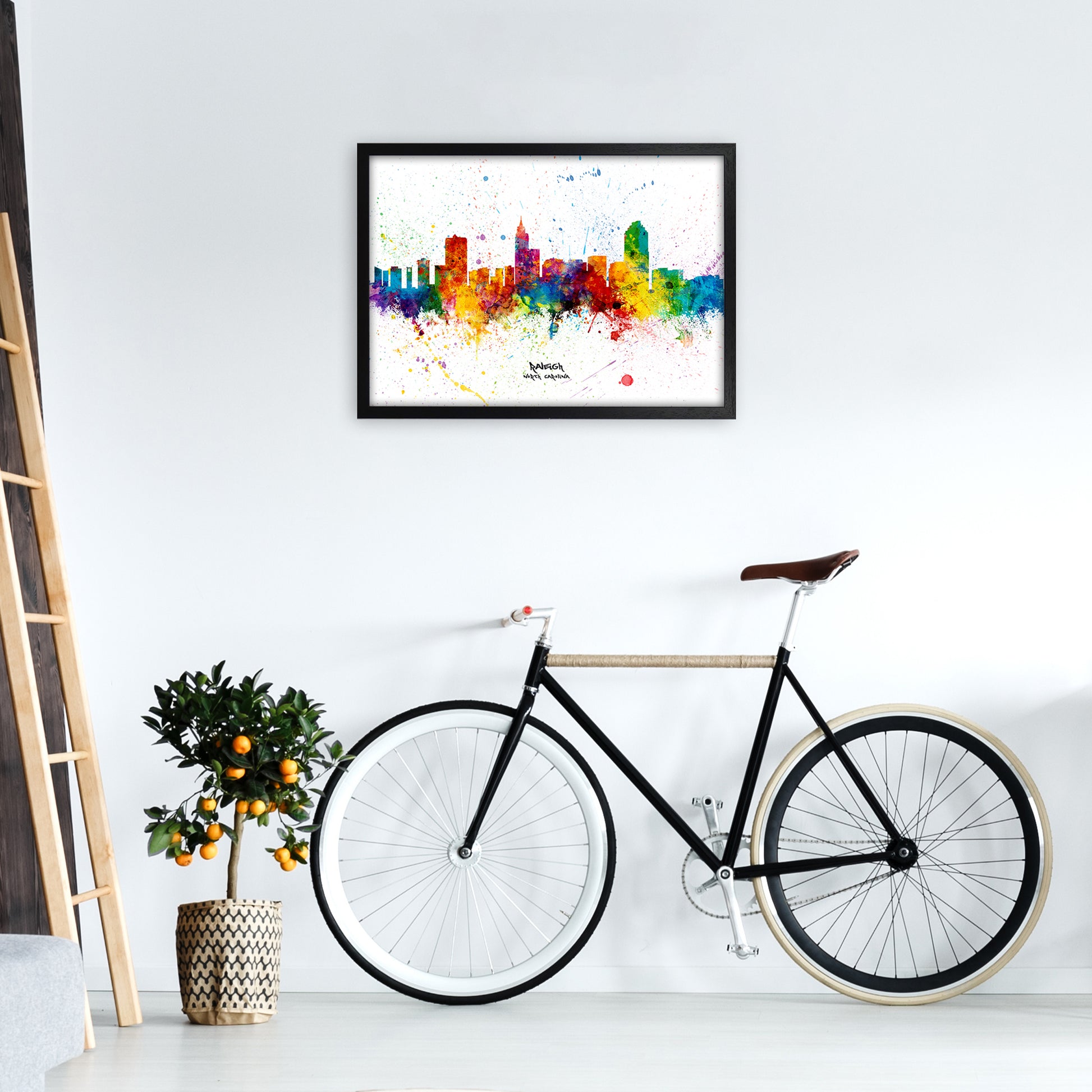 Raleigh North Carolina Skyline Splash Art Print by Michael Tompsett A2 White Frame