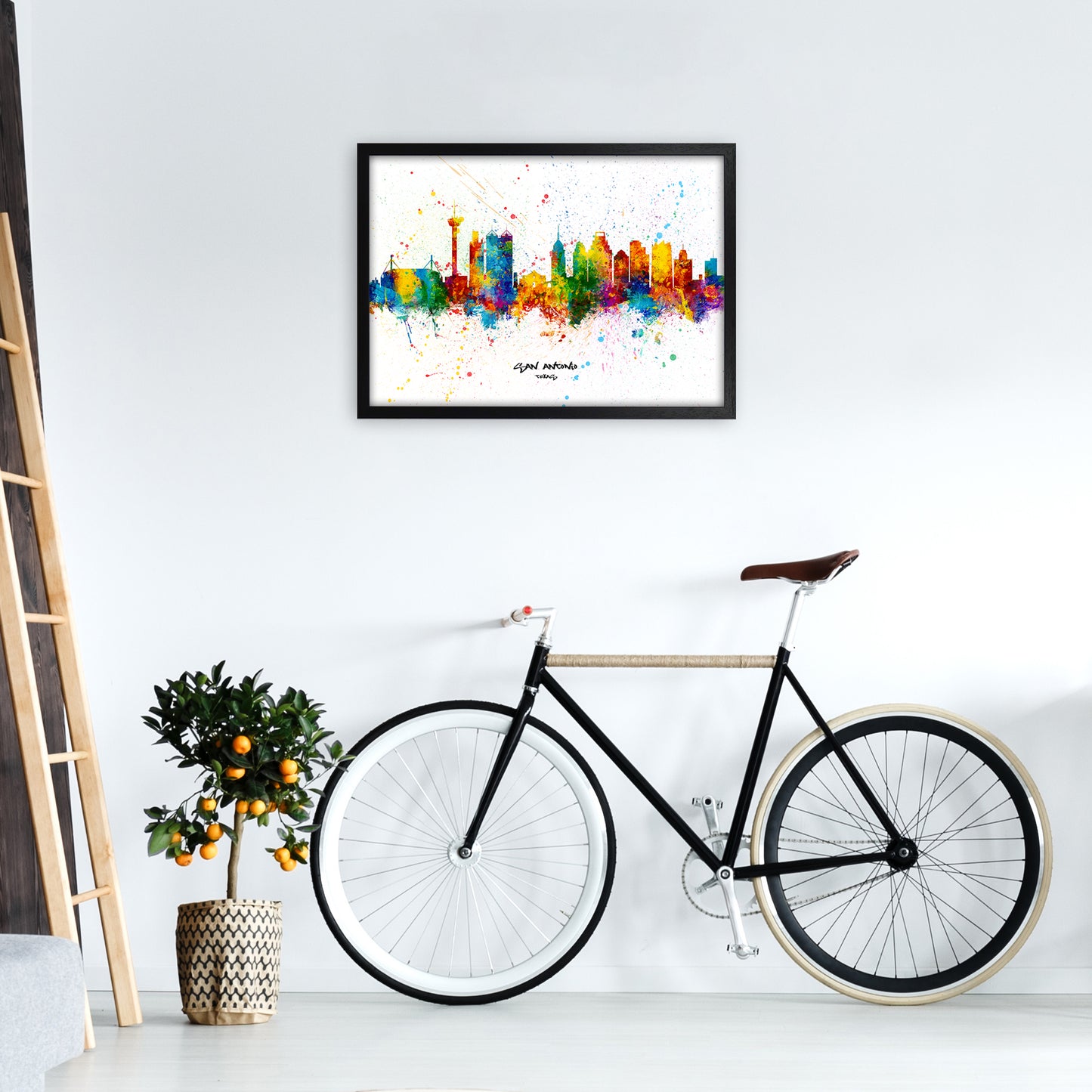 San Antonio Texas Skyline Splash Art Print by Michael Tompsett A2 White Frame