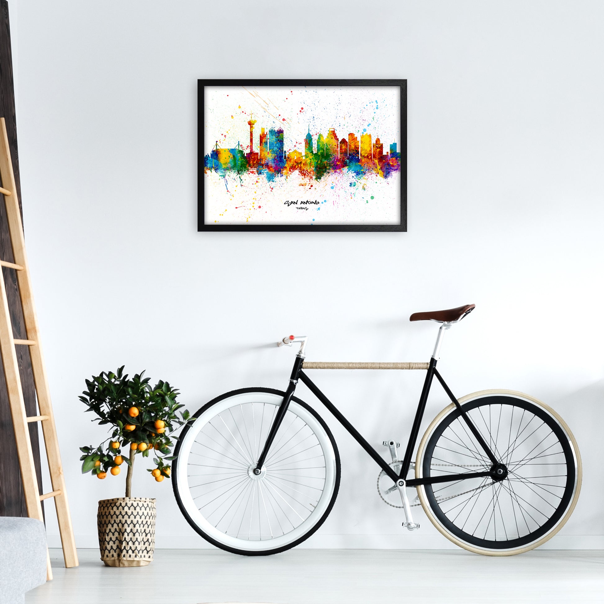 San Antonio Texas Skyline Splash Art Print by Michael Tompsett A2 White Frame