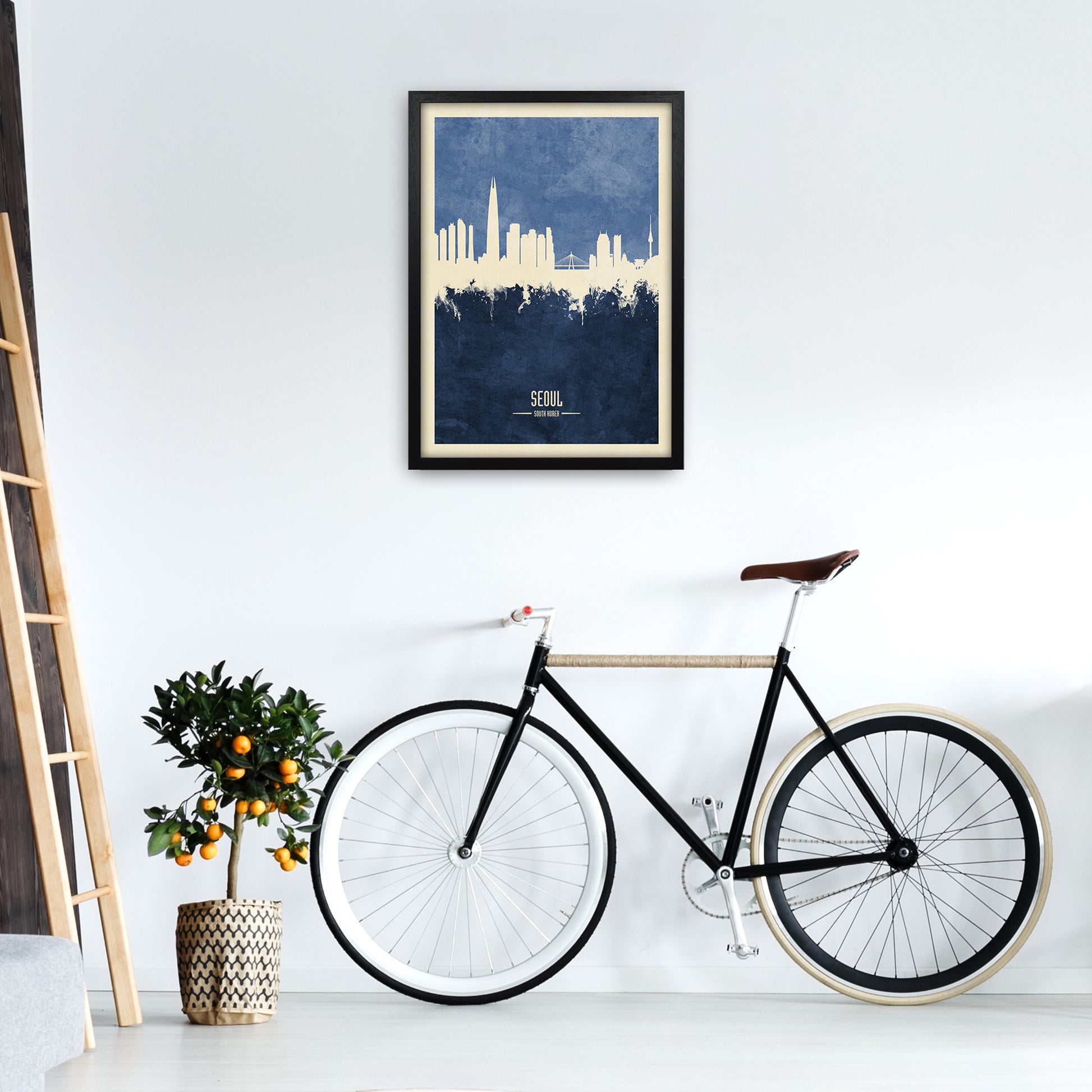 Seoul South Korea Skyline Portrait Navy Art Print by Michael Tompsett A2 White Frame