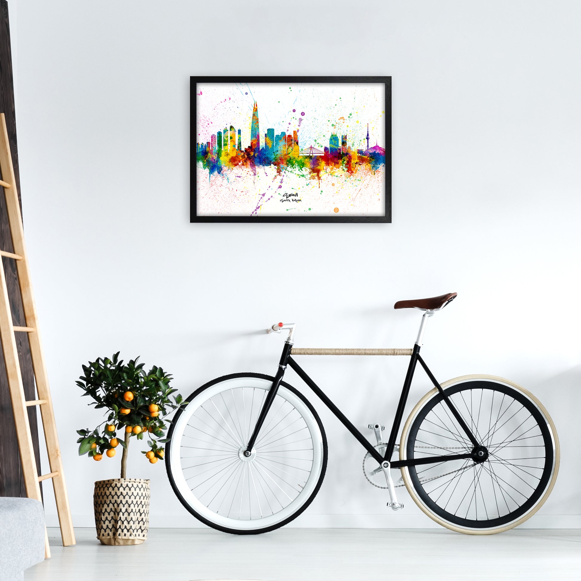 Seoul South Korea Skyline Splash Art Print by Michael Tompsett A2 White Frame