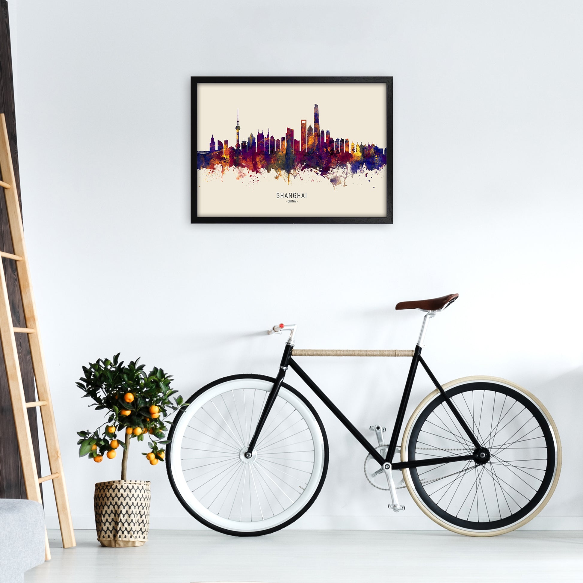 Shanghai China Skyline Autumn City Name Art Print by Michael Tompsett A2 White Frame
