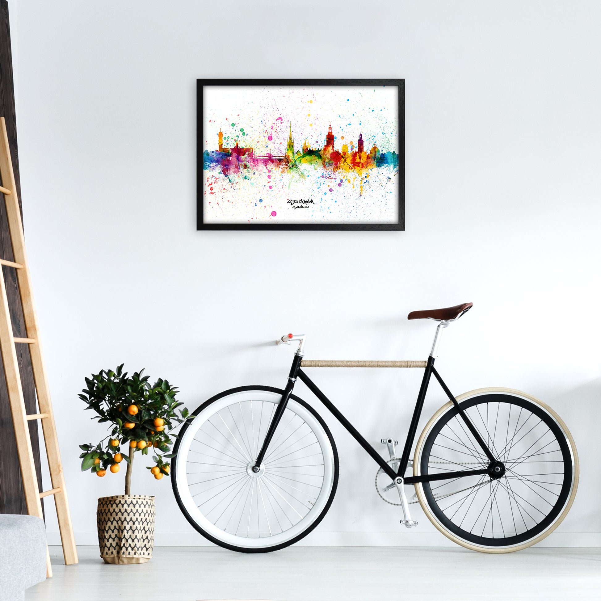 Stockholm Sweden Skyline Splash Art Print by Michael Tompsett A2 White Frame