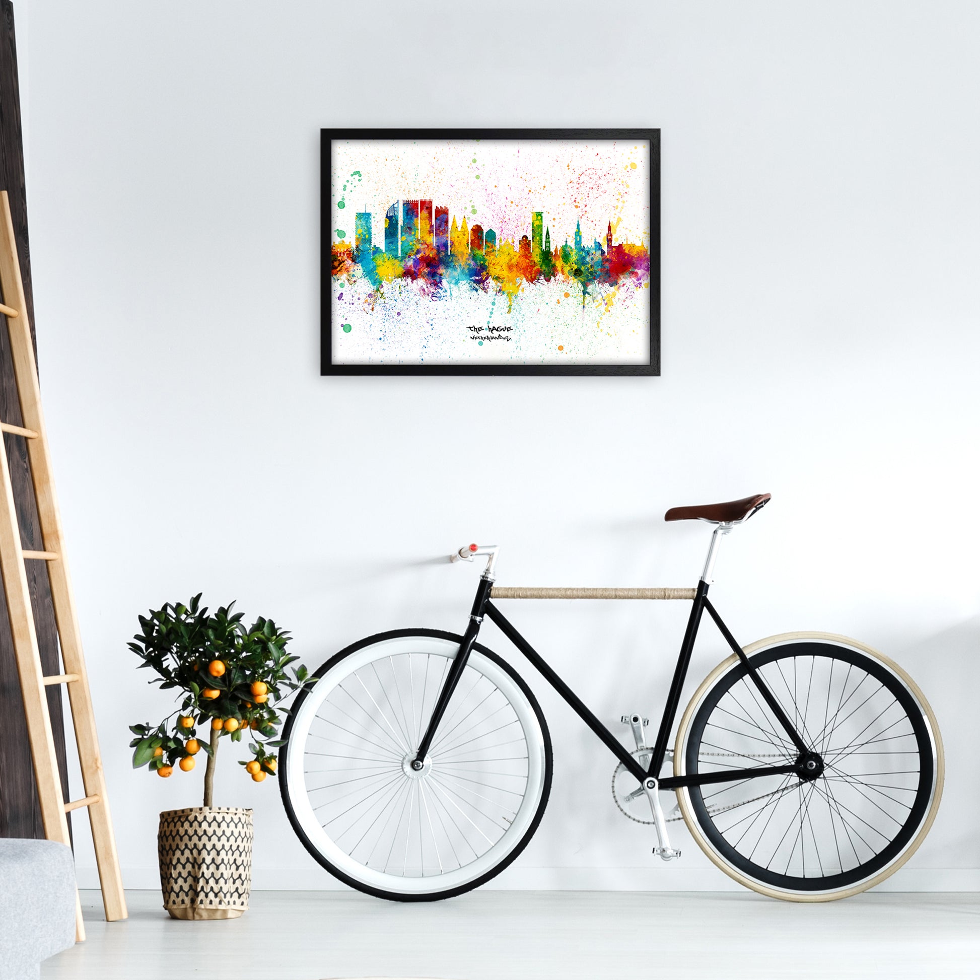 The Hague Netherlands Skyline Splash Art Print by Michael Tompsett A2 White Frame