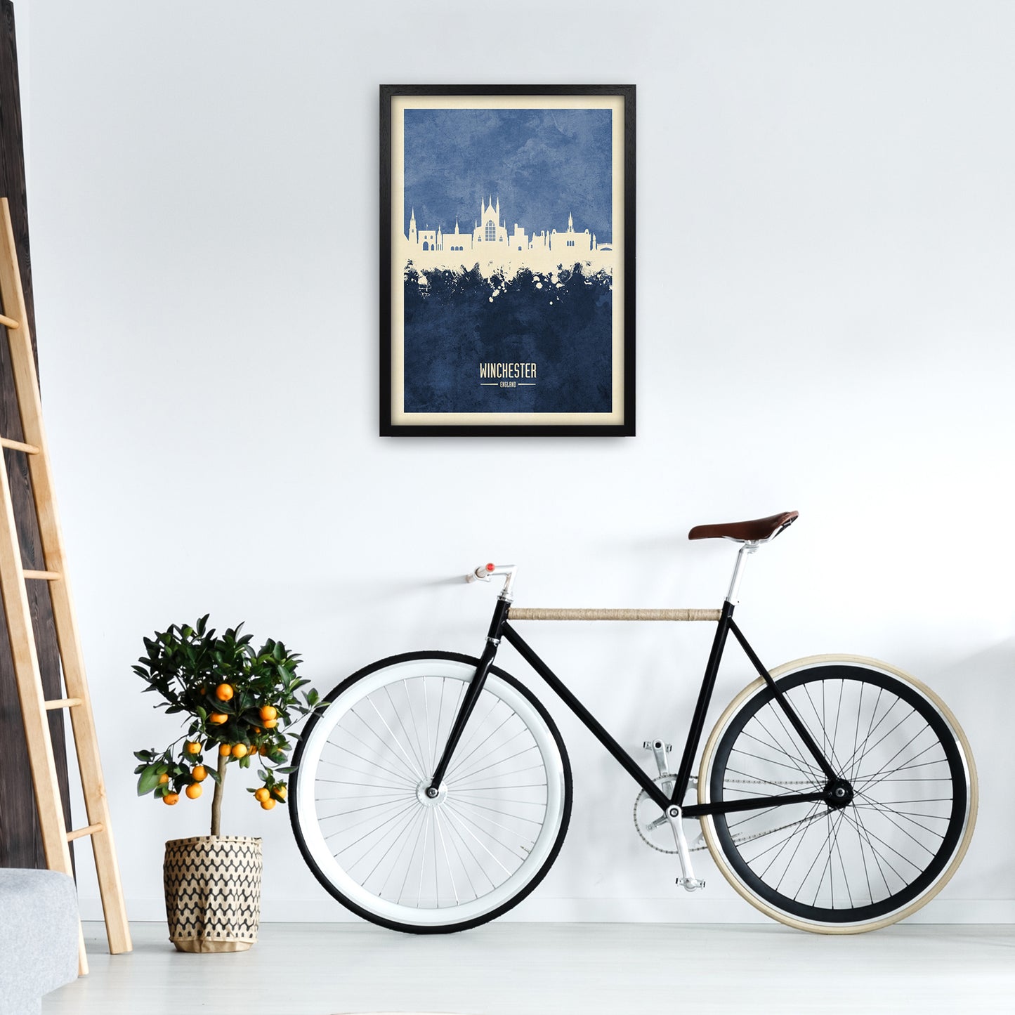 Winchester England Skyline Portrait Navy Art Print by Michael Tompsett A2 White Frame