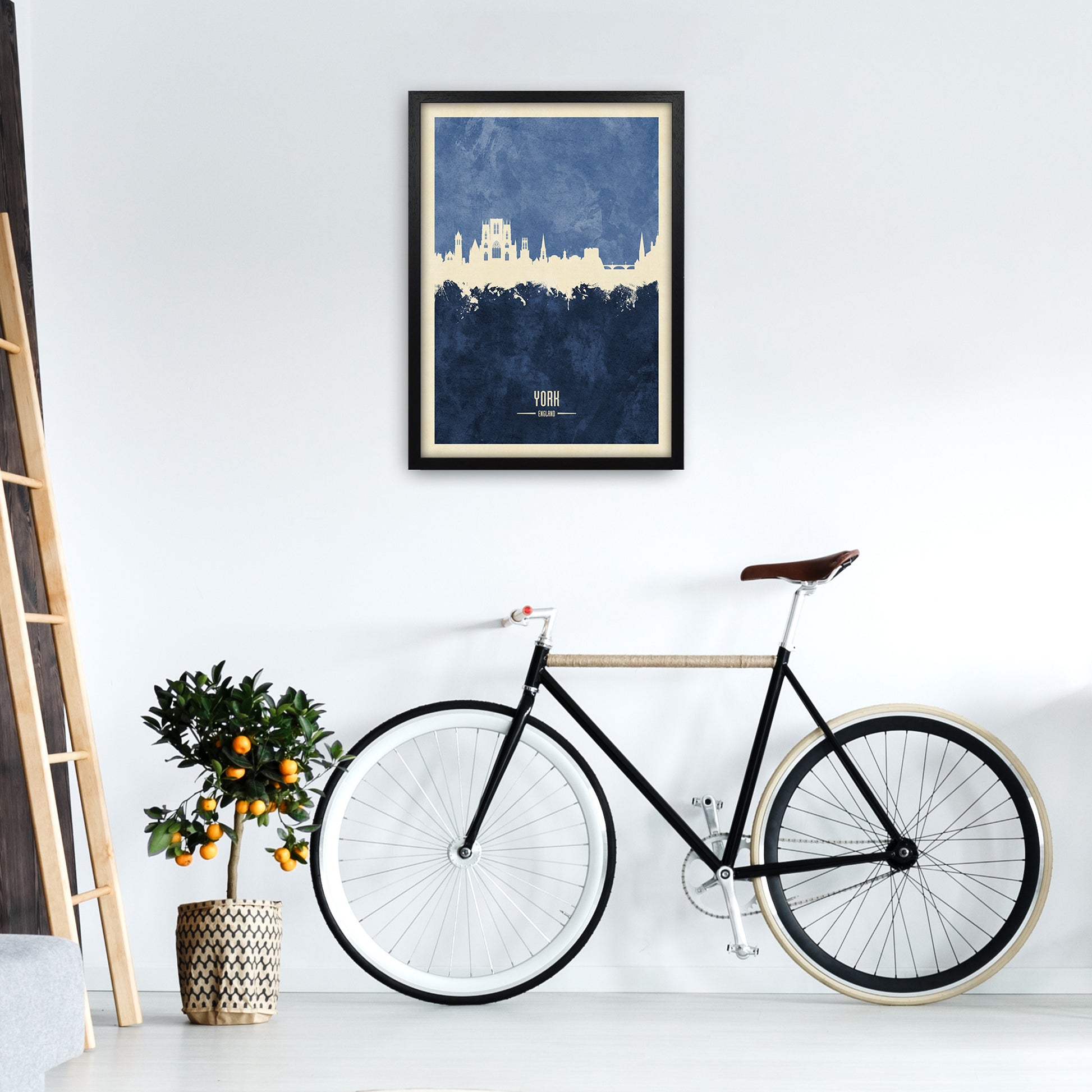 York England Skyline Portrait Navy Art Print by Michael Tompsett A2 White Frame
