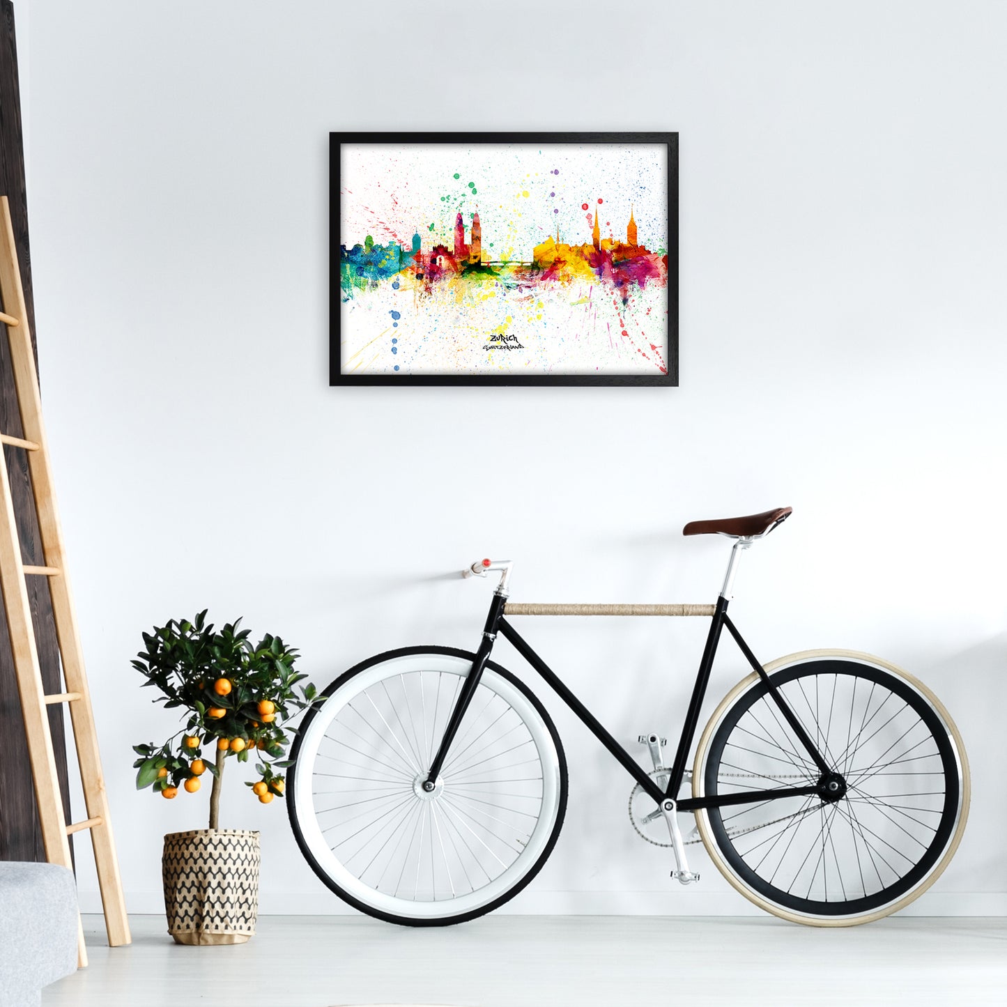Zurich Switzerland Skyline Splash Art Print by Michael Tompsett A2 White Frame