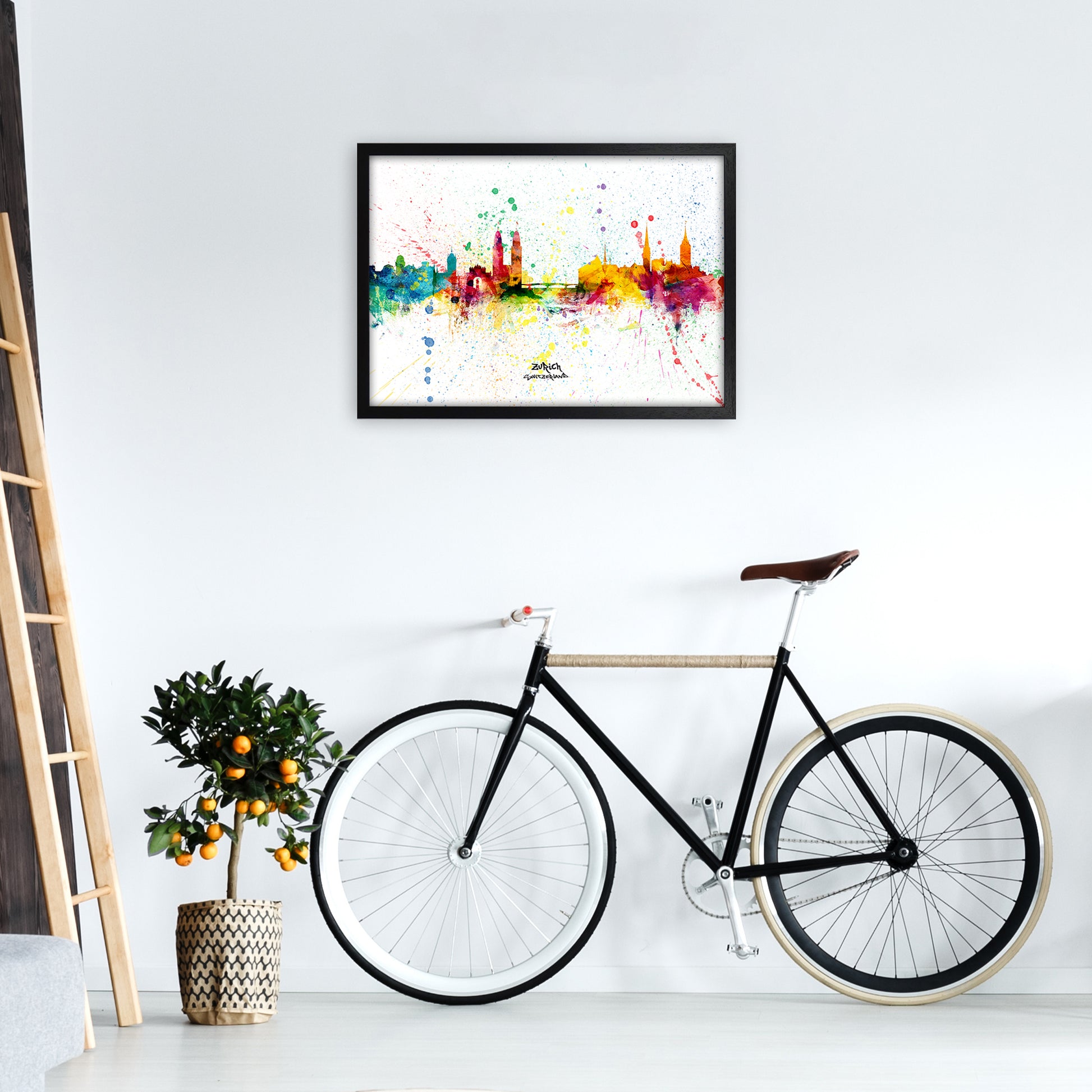 Zurich Switzerland Skyline Splash Art Print by Michael Tompsett A2 White Frame