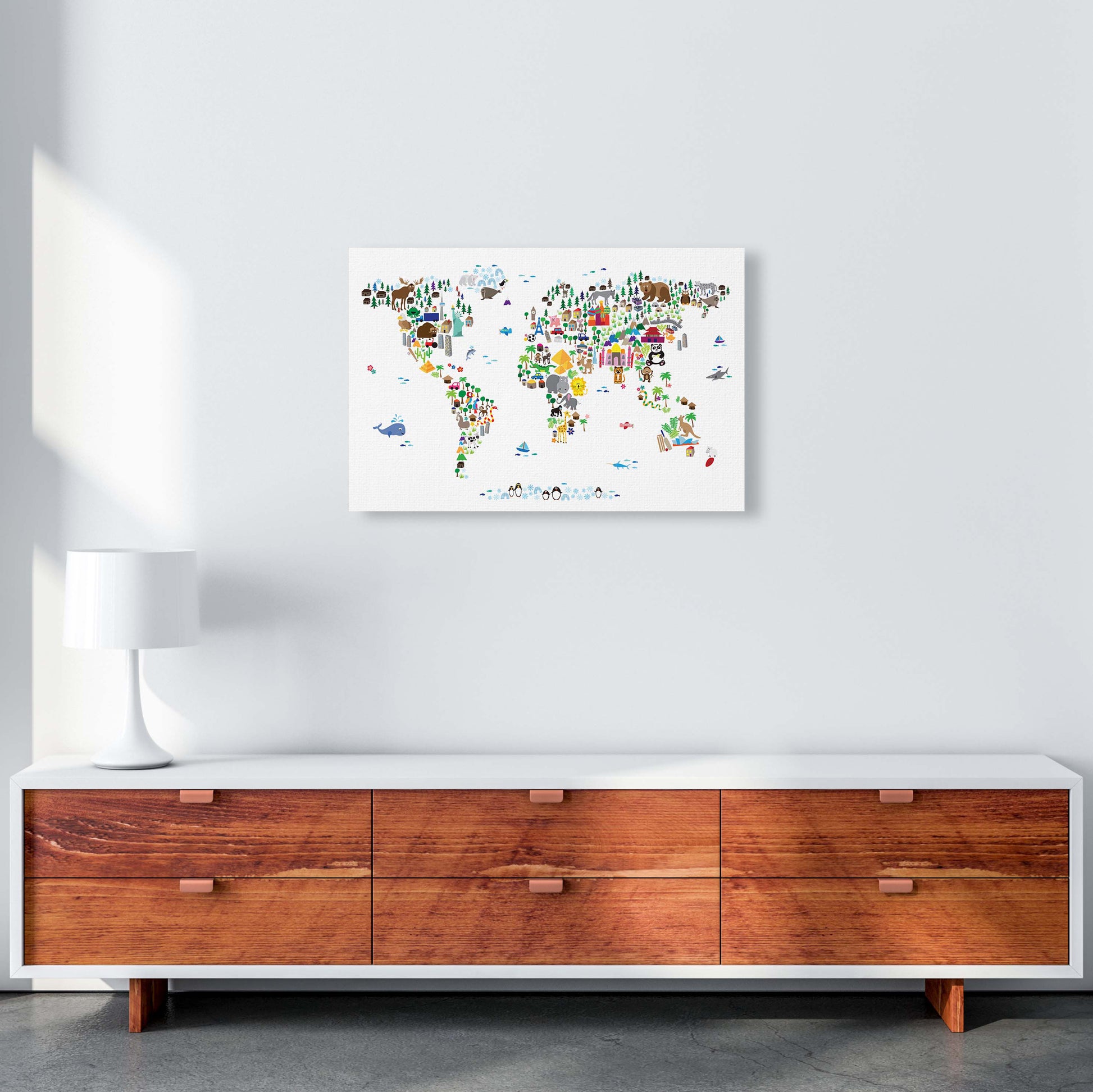 Animal Map of the World Nursery Art Print by Michael Tompsett A2 Canvas