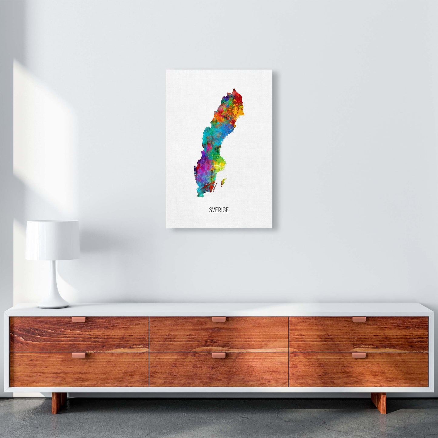 Sverige Watercolour Map Art Print by Michael Tompsett A2 Canvas