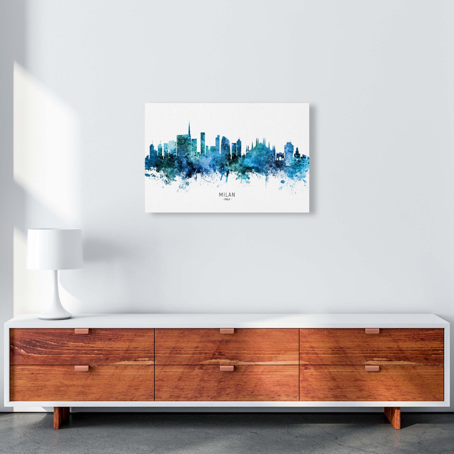 Milan Italy Skyline Blue City Name Print by Michael Tompsett A2 Canvas