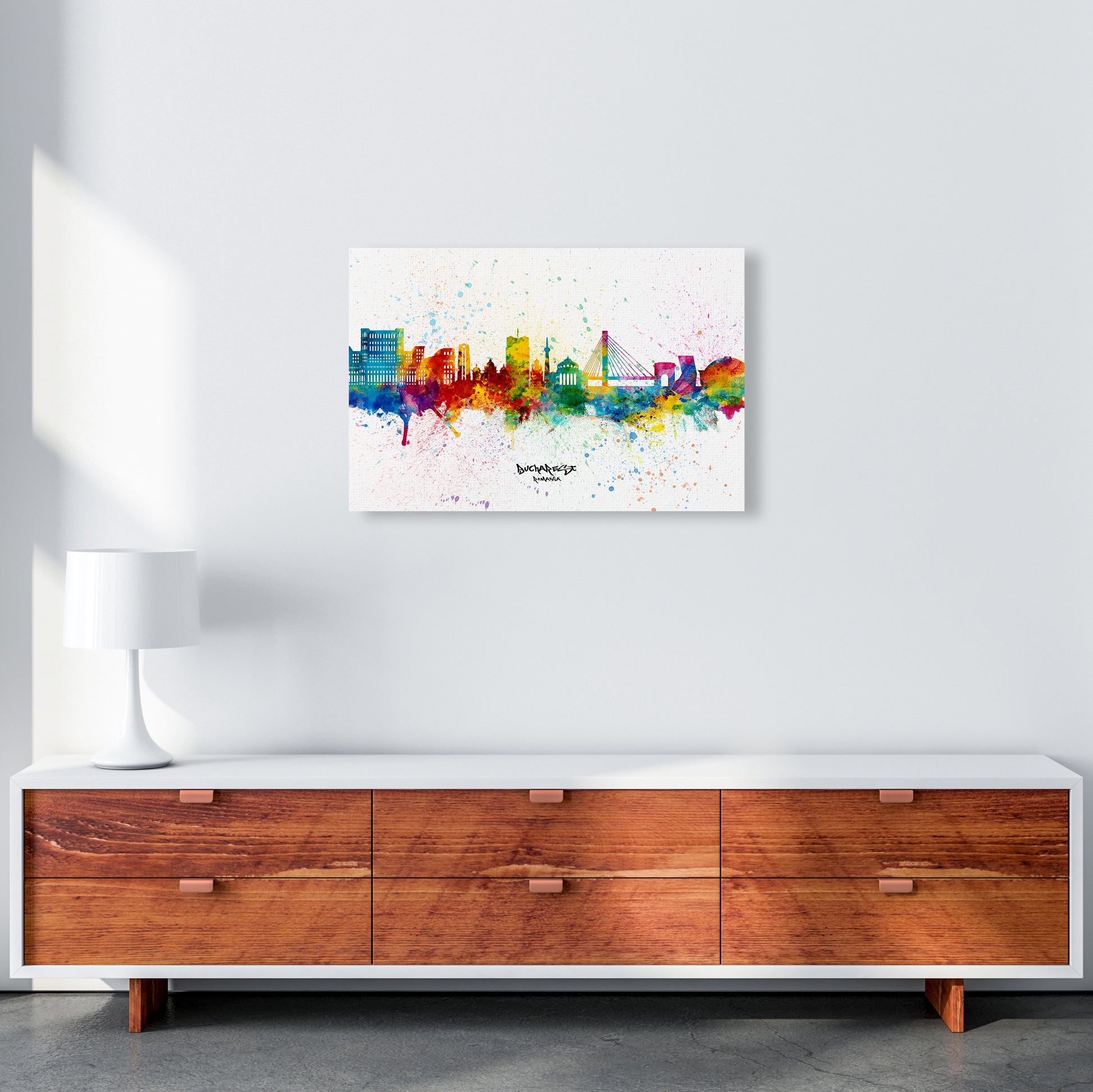 Bucharest Romania Skyline Splash Art Print by Michael Tompsett A2 Canvas