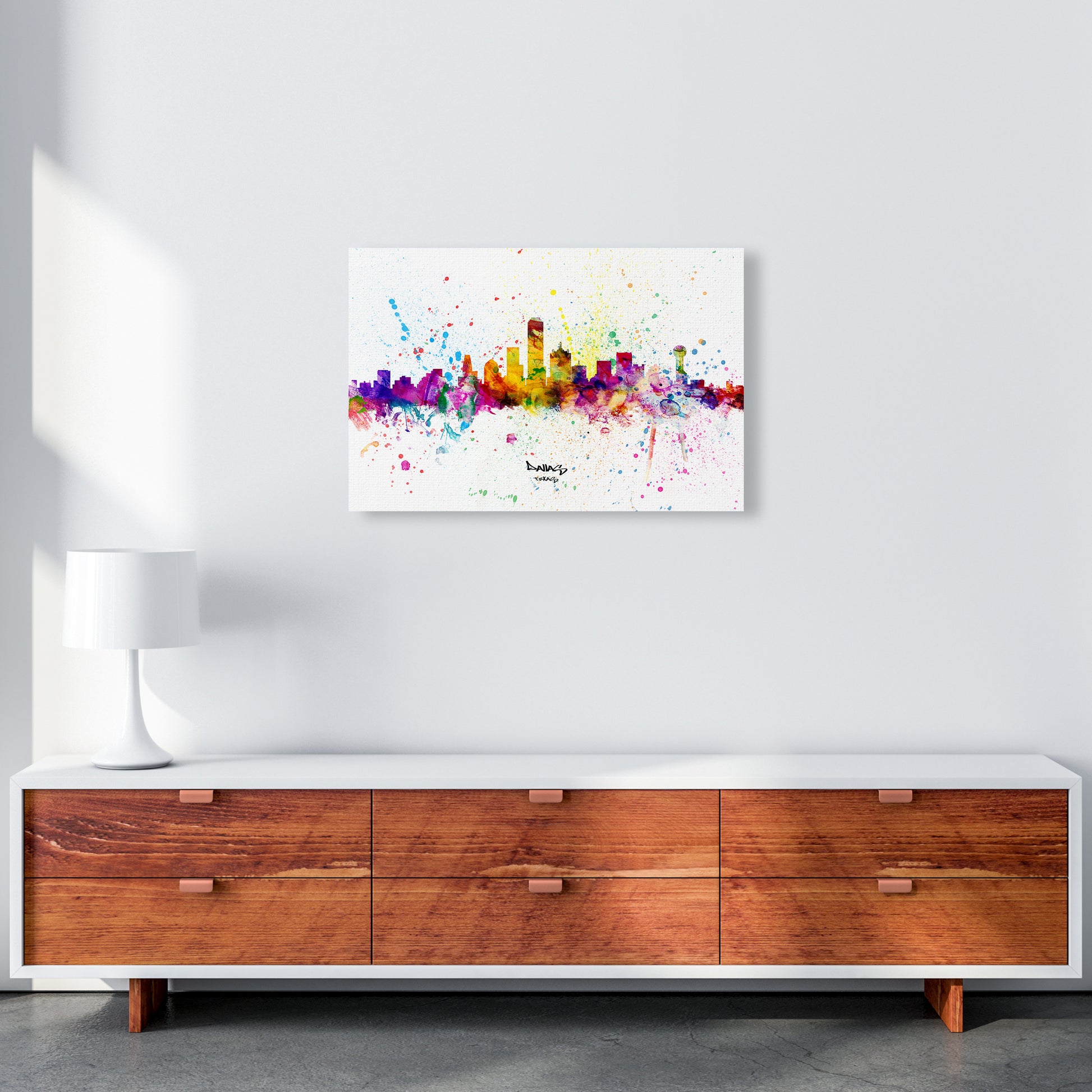 Dallas Texas Skyline Splash Art Print by Michael Tompsett A2 Canvas