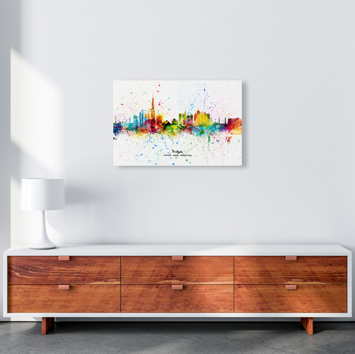 Dubai United Arab Emirates Skyline Splash Art Print by Michael Tompsett A2 Canvas