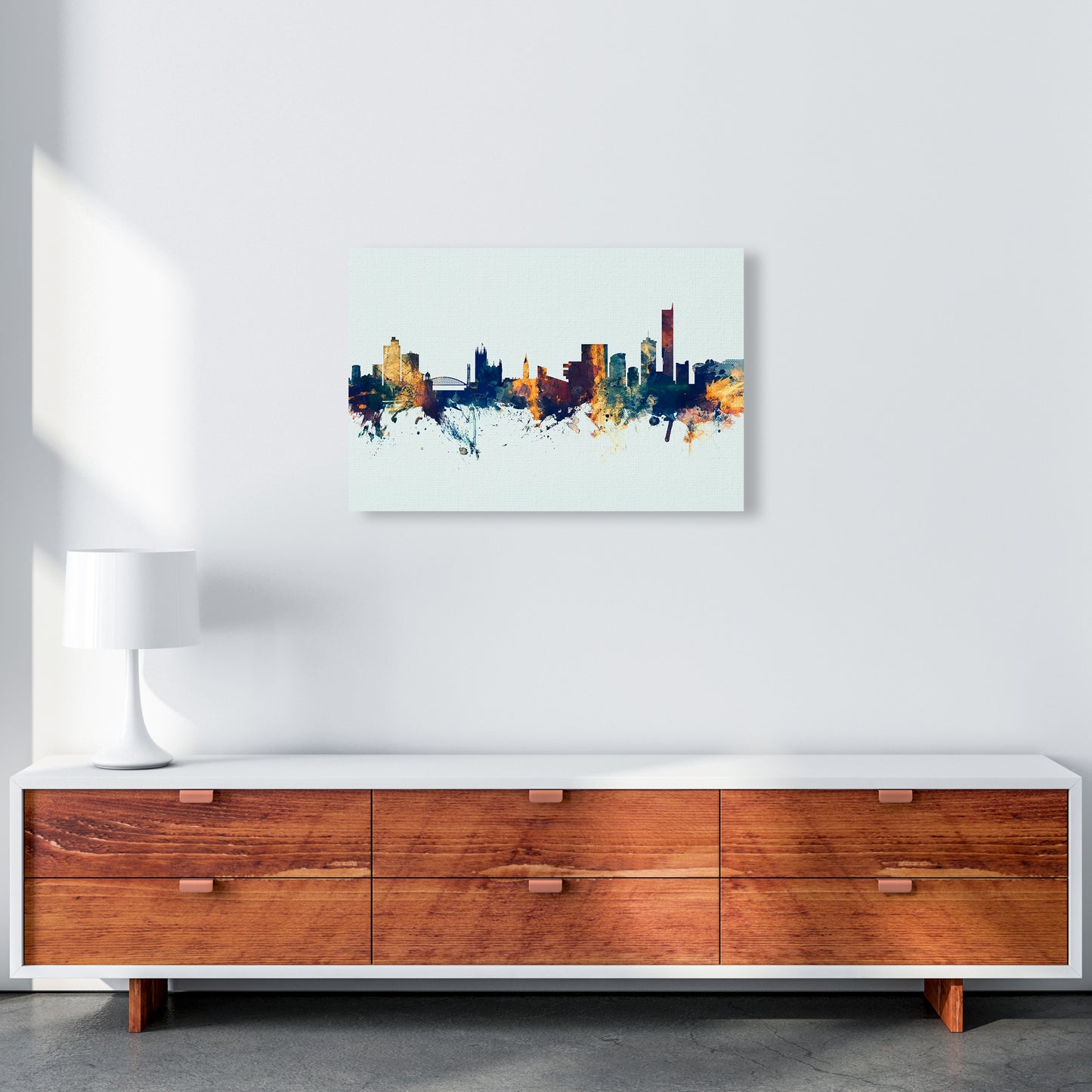 Manchester England Skyline Blue Orange Art Print by Michael Tompsett A2 Canvas