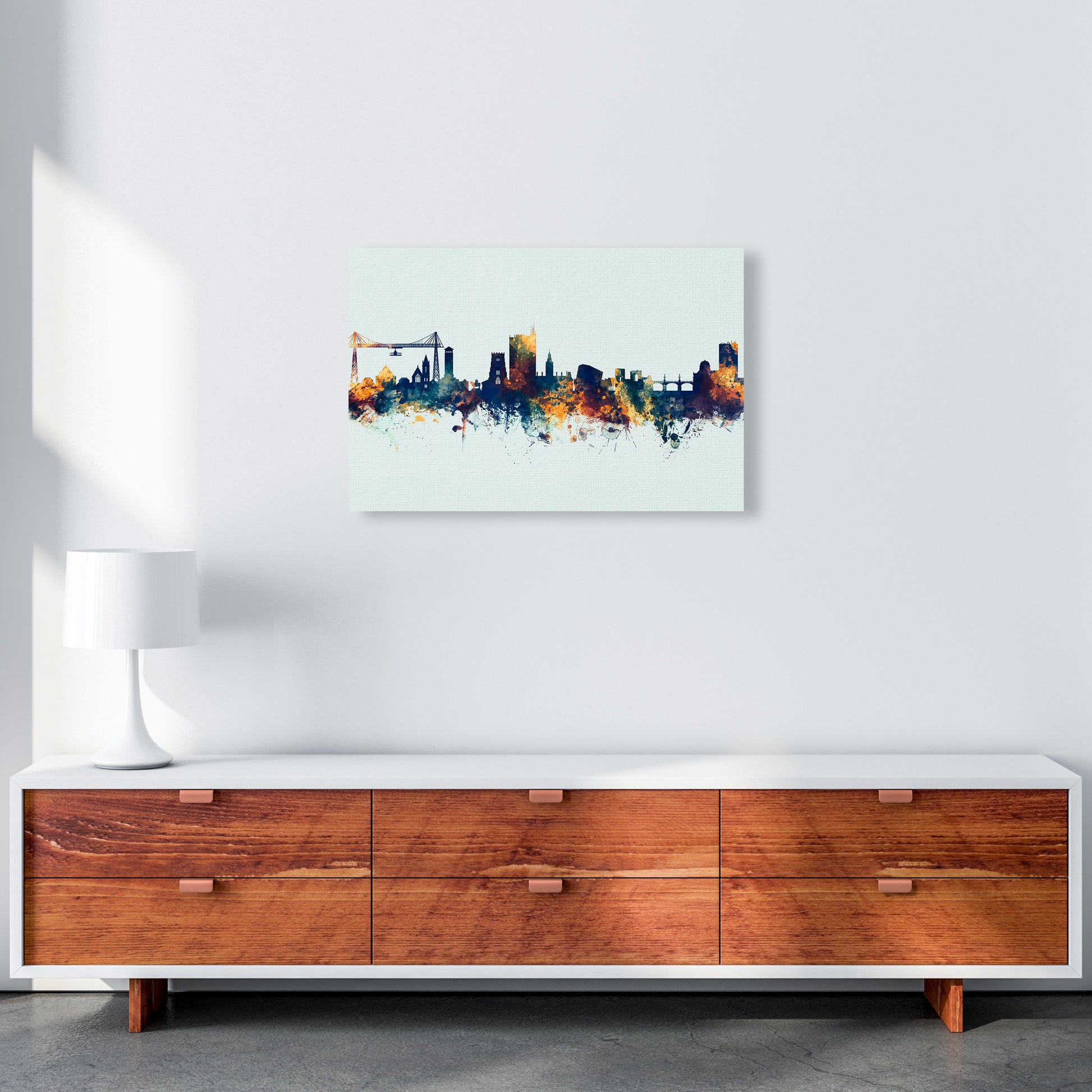 Newport Wales Skyline Blue Orange Art Print by Michael Tompsett A2 Canvas