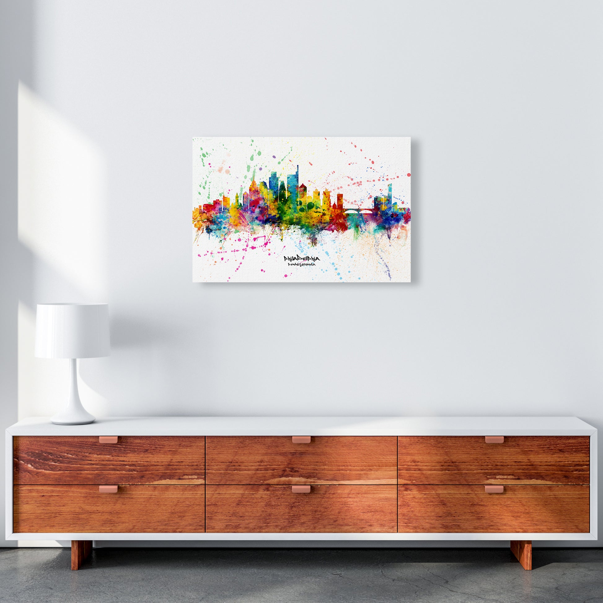 Philadelphia Pennsylvania Skyline Splash Art Print by Michael Tompsett A2 Canvas