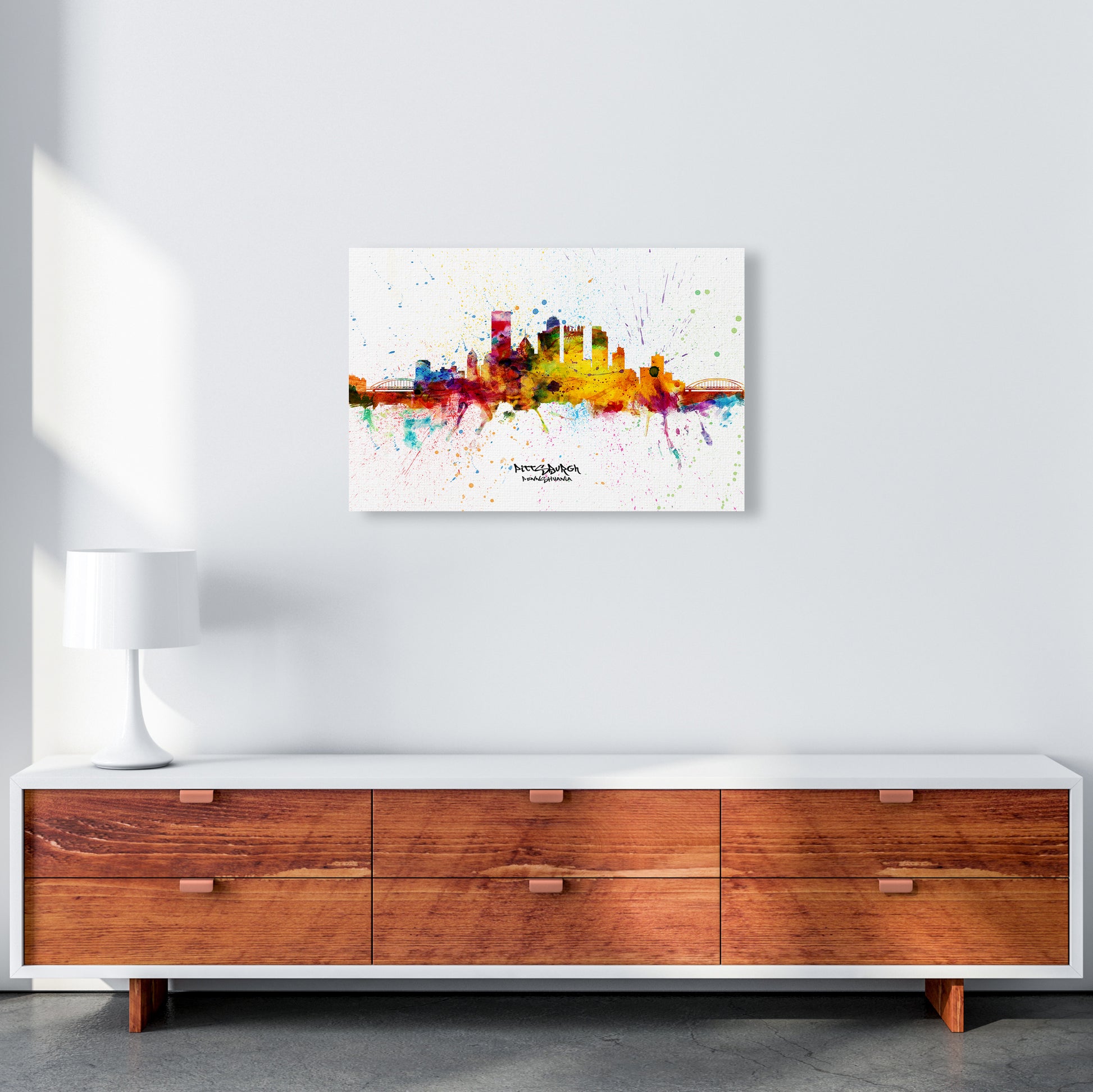 Pittsburgh Pennsylvania Skyline Splash Art Print by Michael Tompsett A2 Canvas