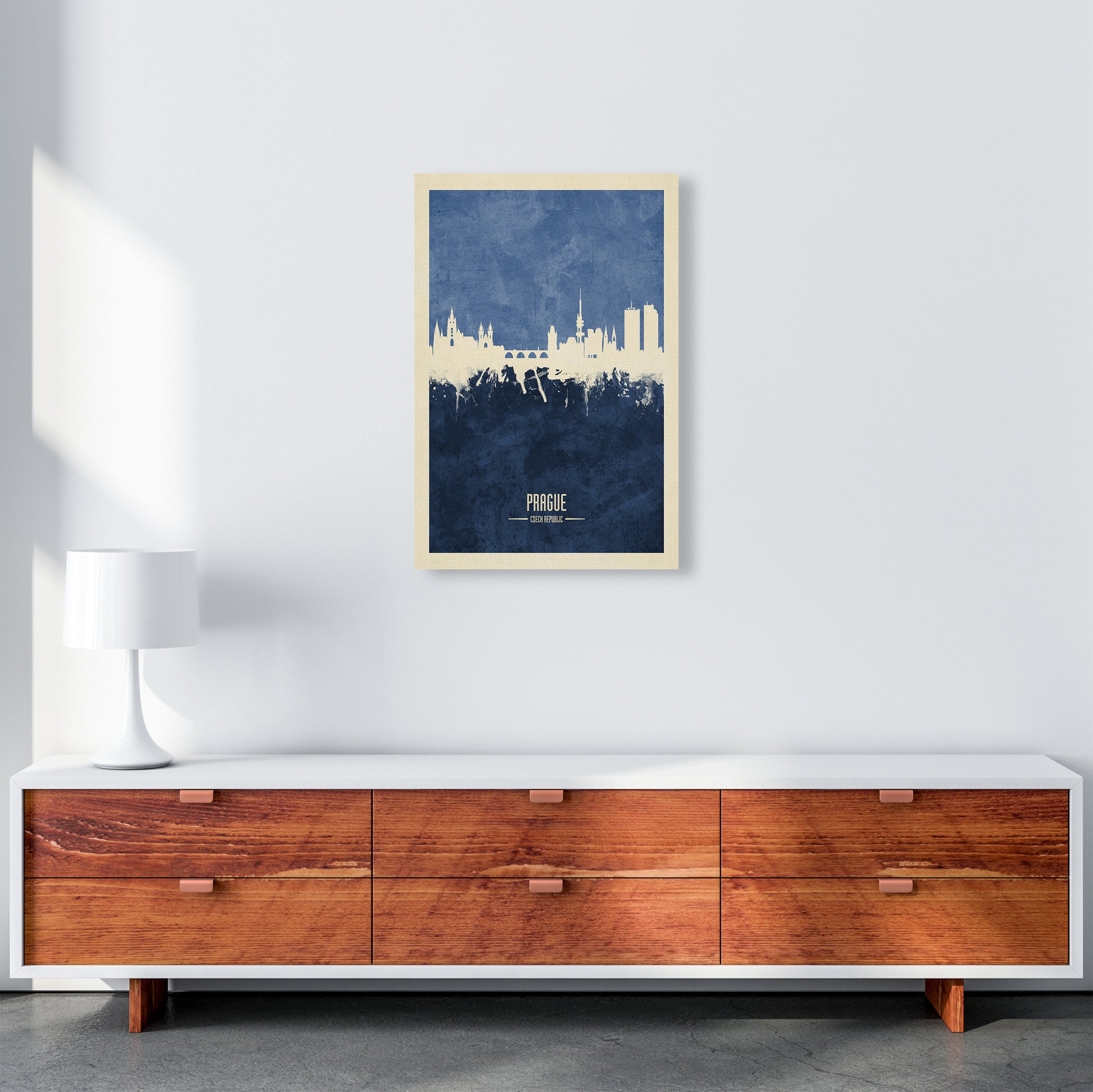 Prague Czech Republic Skyline Portrait Navy Art Print by Michael Tompsett A2 Canvas