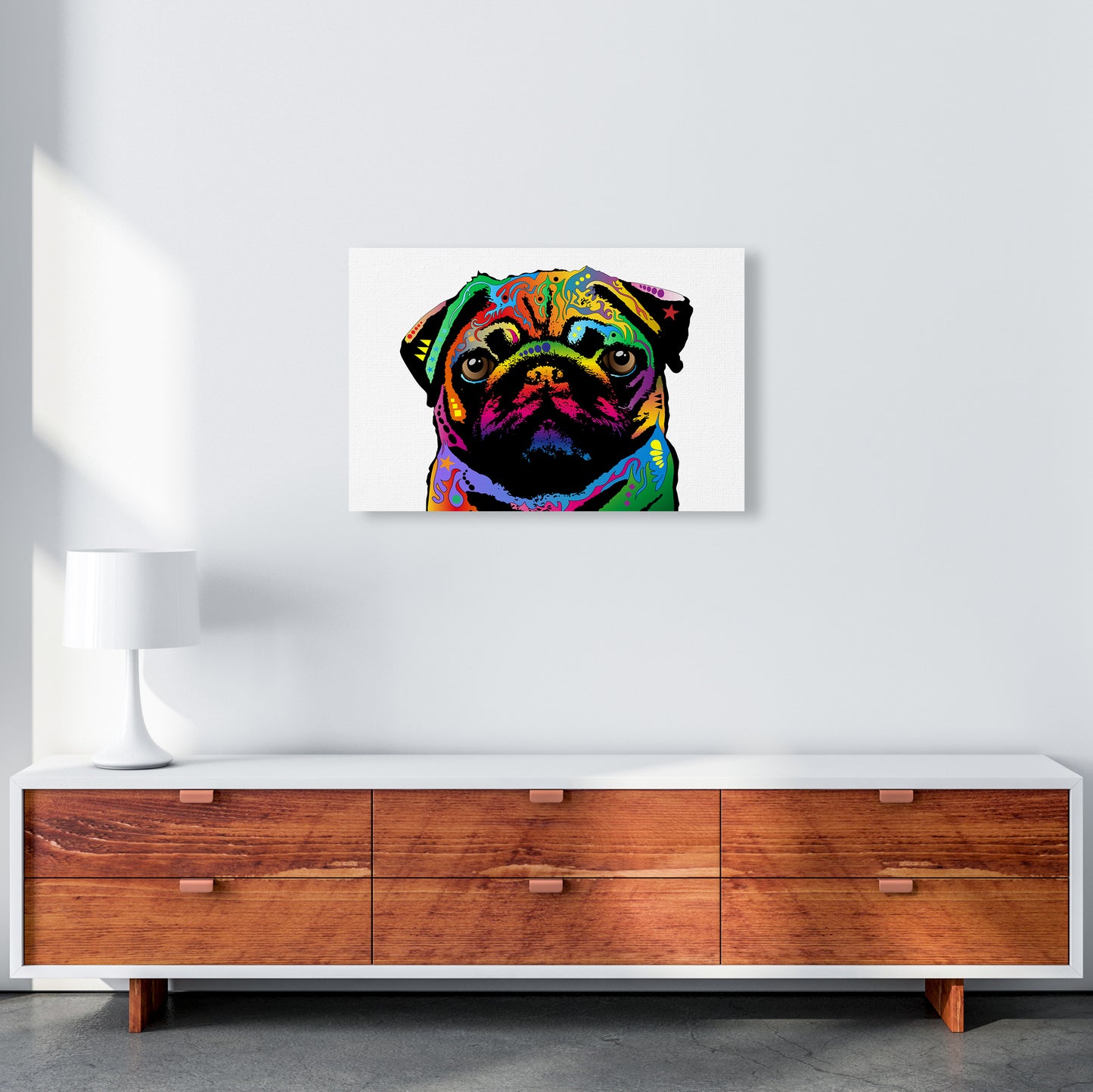Pug Dog White Art Print by Michael Tompsett A2 Canvas