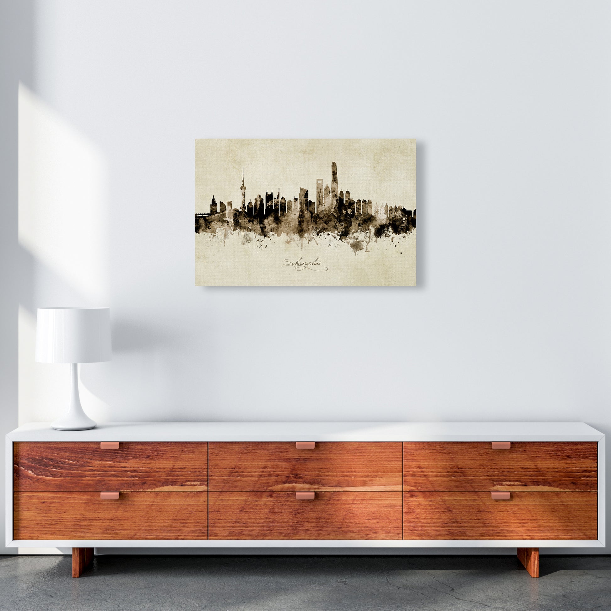 Shanghai China Skyline Vintage Art Print by Michael Tompsett A2 Canvas
