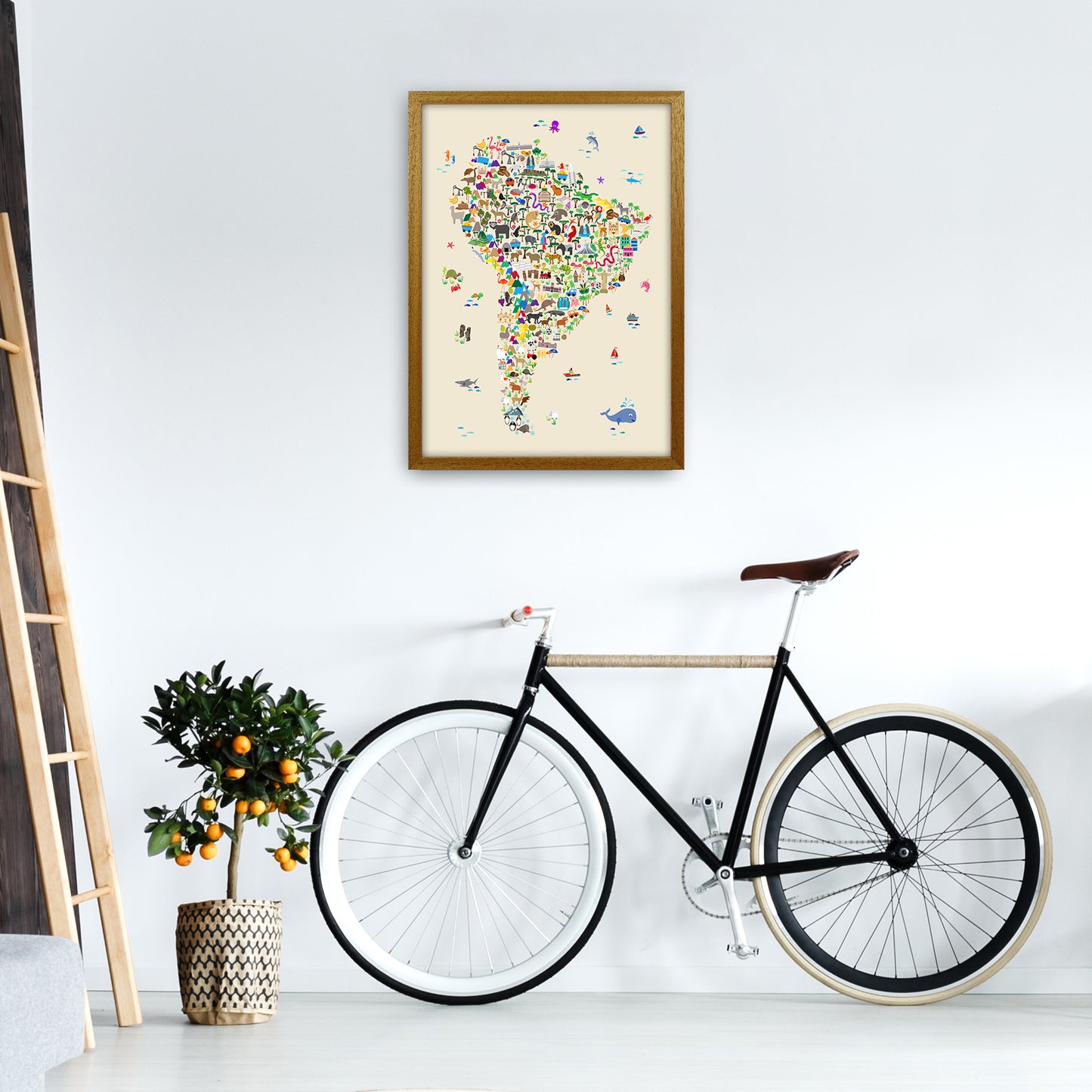 Animal Map of South America Beige Print by Michael Tompsett A2 Print Only