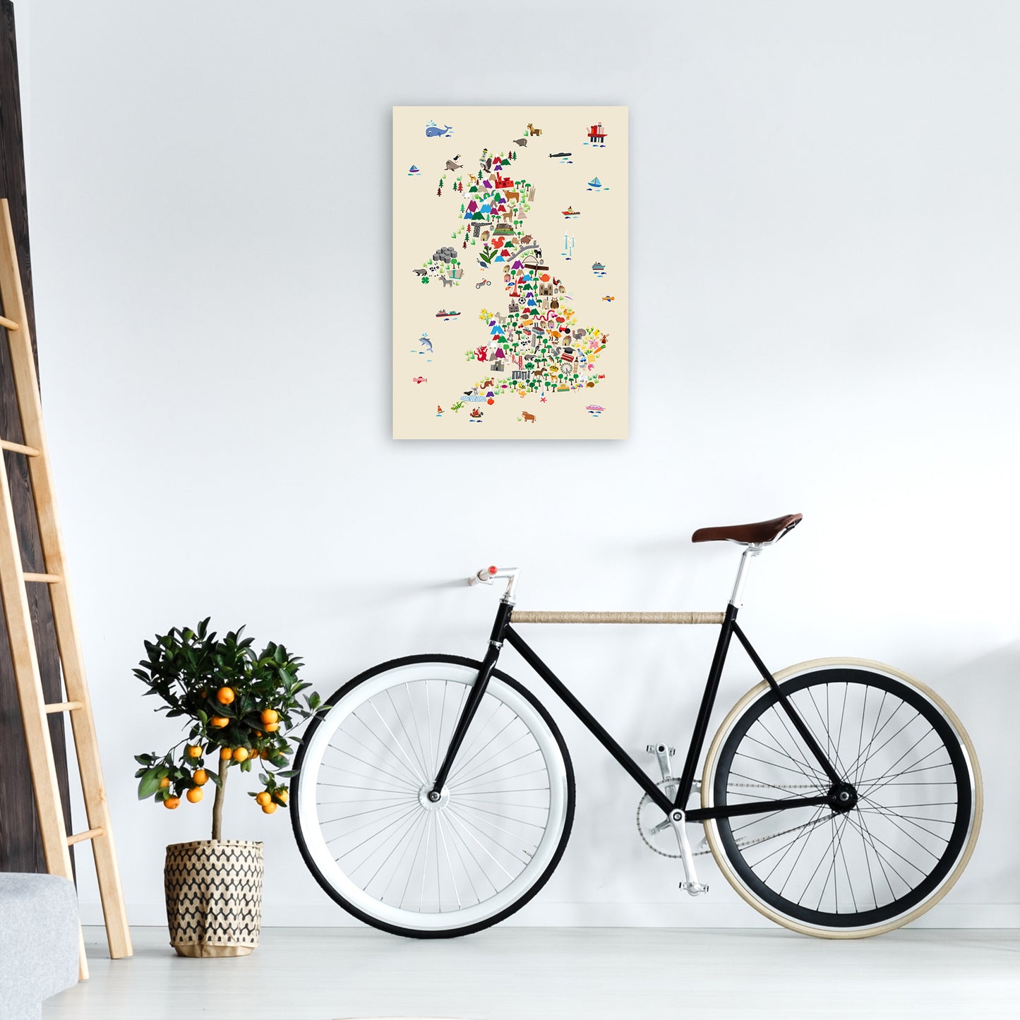 Animal Map of Great Britain Beige Print by Michael Tompsett A2 Black Frame