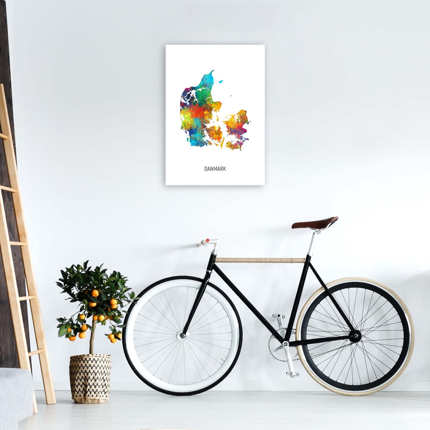 Danmark Watercolour Map Art Print by Michael Tompsett A2 Black Frame