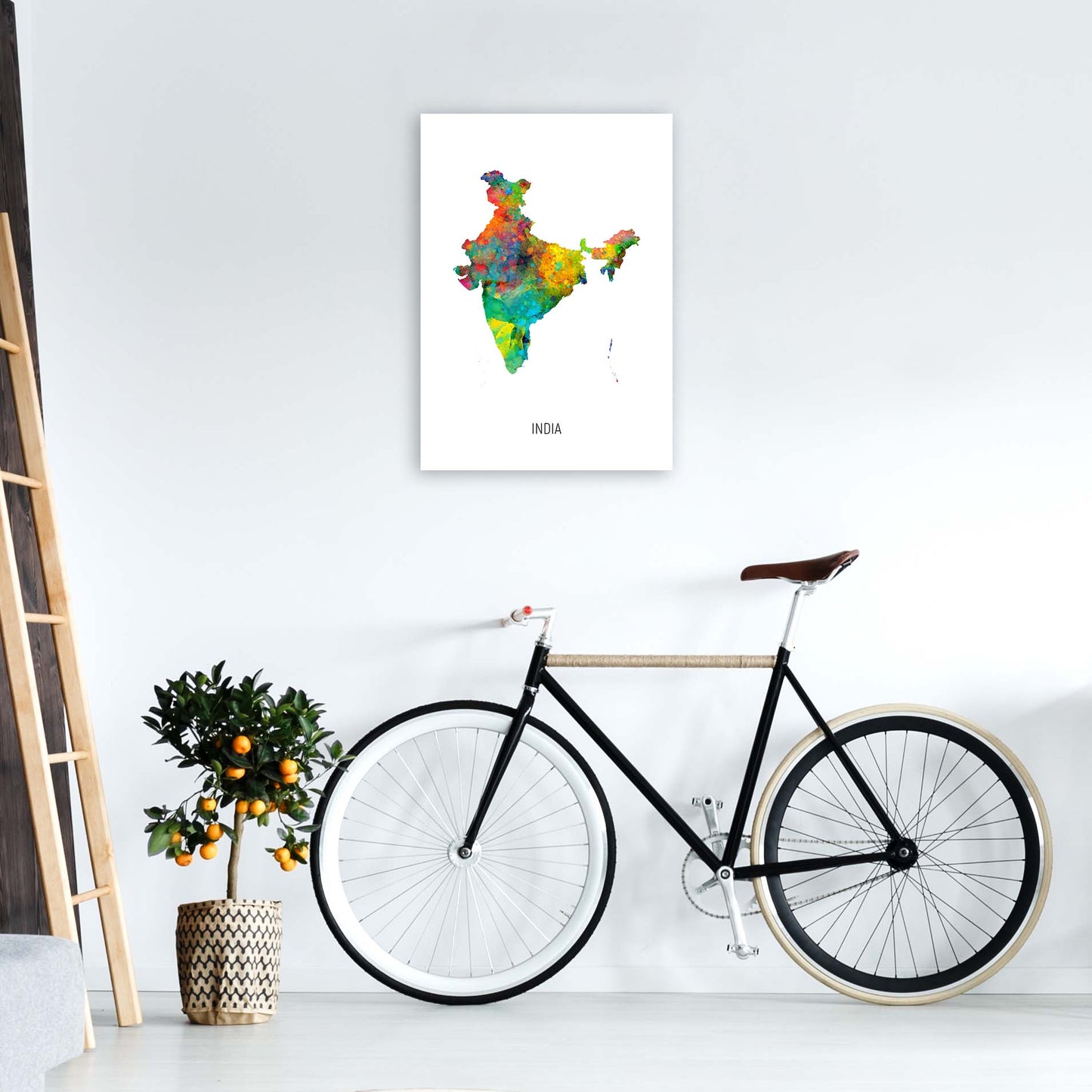 India Watercolour Map Art Print by Michael Tompsett A2 Black Frame