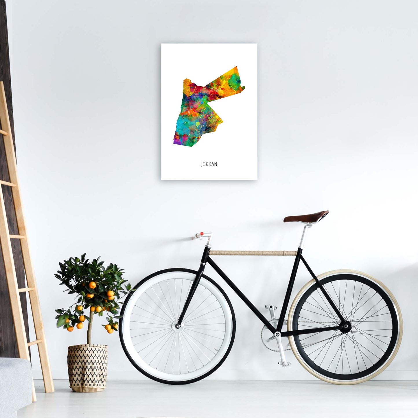 Jordan Watercolour Map Art Print by Michael Tompsett A2 Black Frame