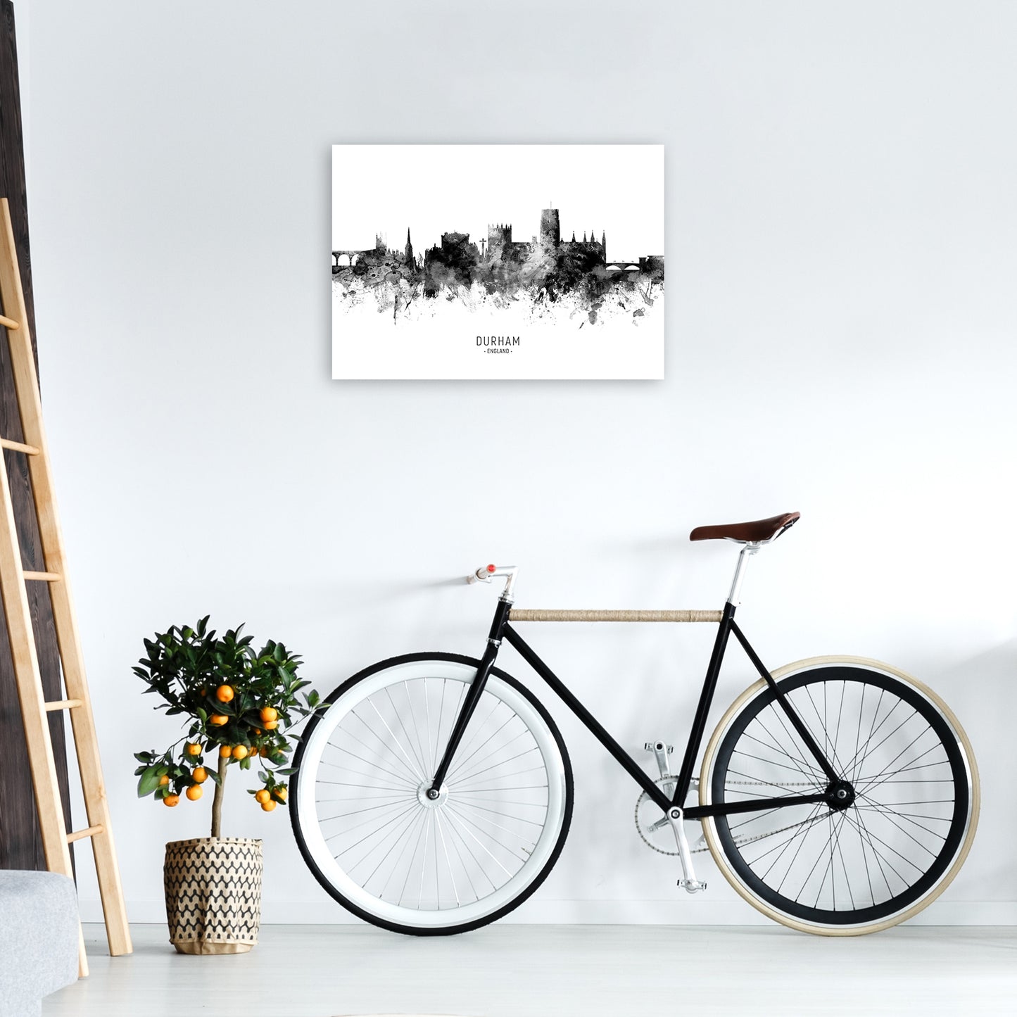 Durham England Skyline Black White City Name by Michael Tompsett A2 Black Frame