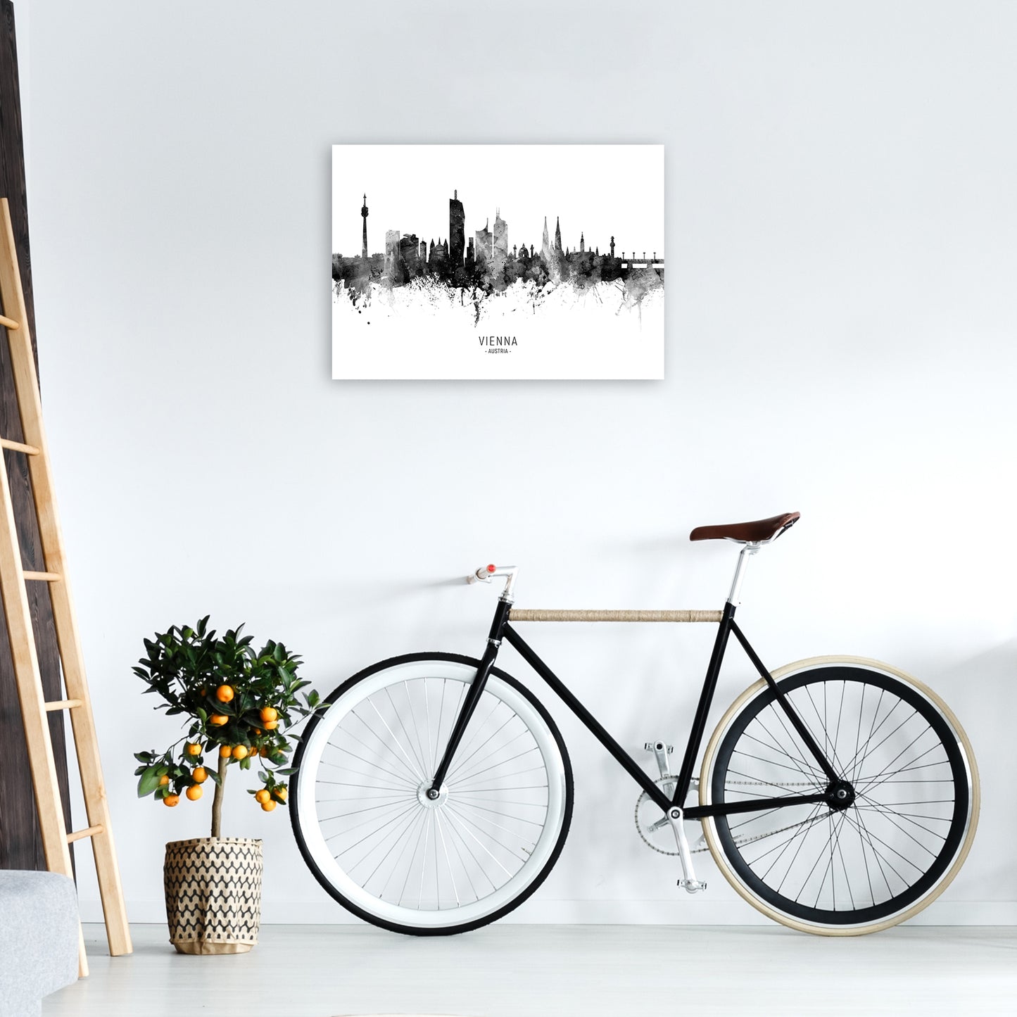 Vienna Austria Skyline Black White City Name  by Michael Tompsett A2 Black Frame