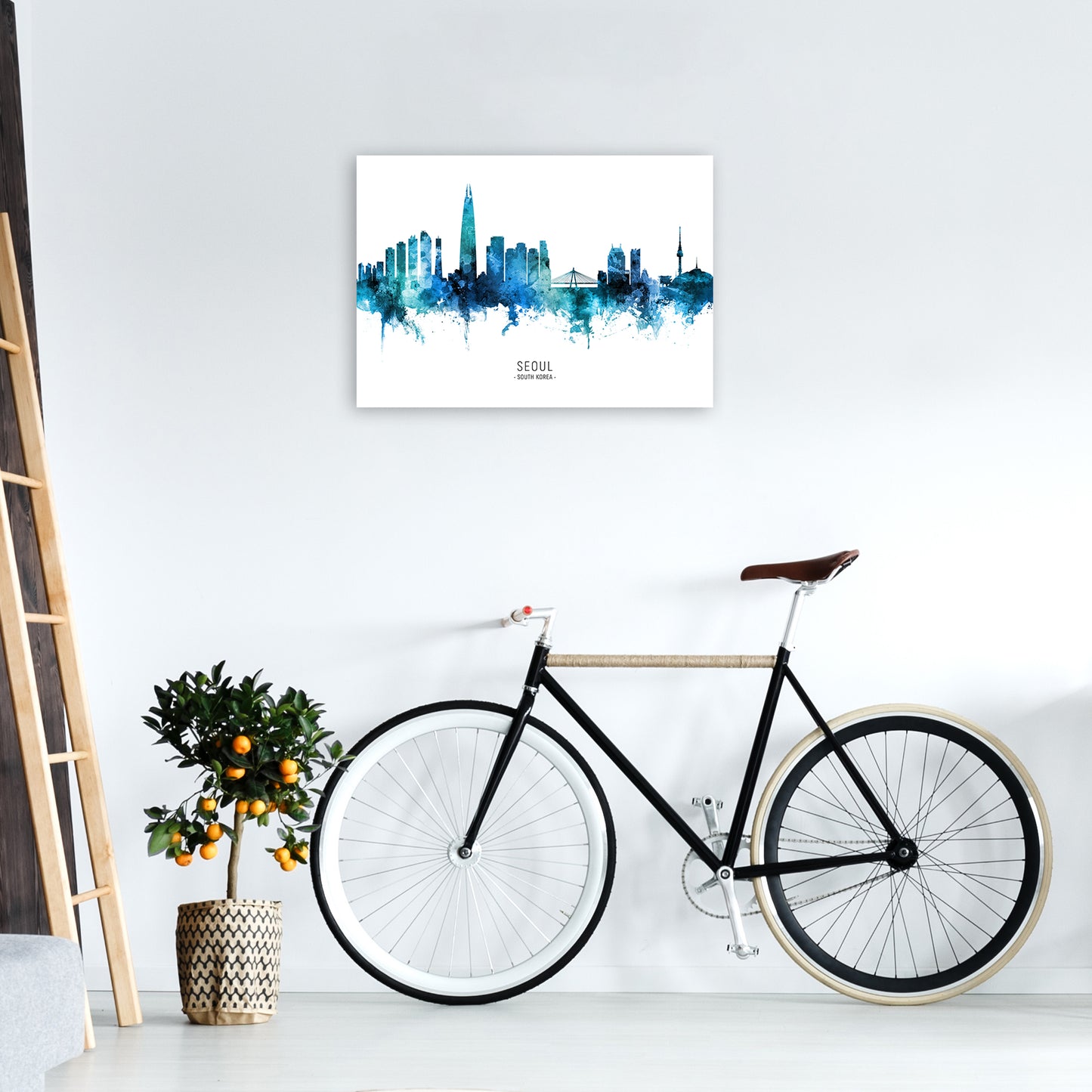 Seoul South Korea Skyline Blue City Name by Michael Tompsett A2 Black Frame